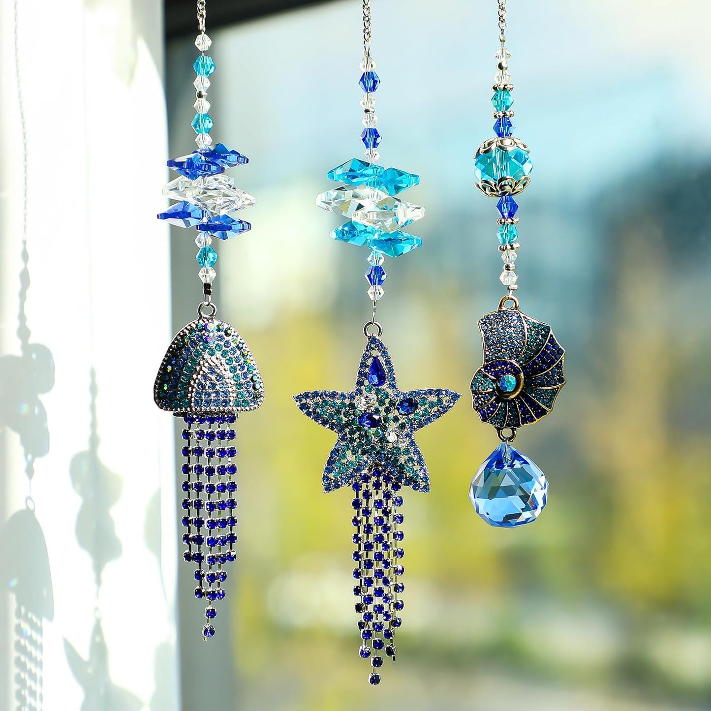 H&D HYALINE & DORA 3pcs Rhinestones Crystal Suncatcher Indoor Window Hanging Pendants, Sun Catchers Rhinestones Starfish Jellyfish Conch with Beads Prism Decor Wedding Garden Porch Ornament