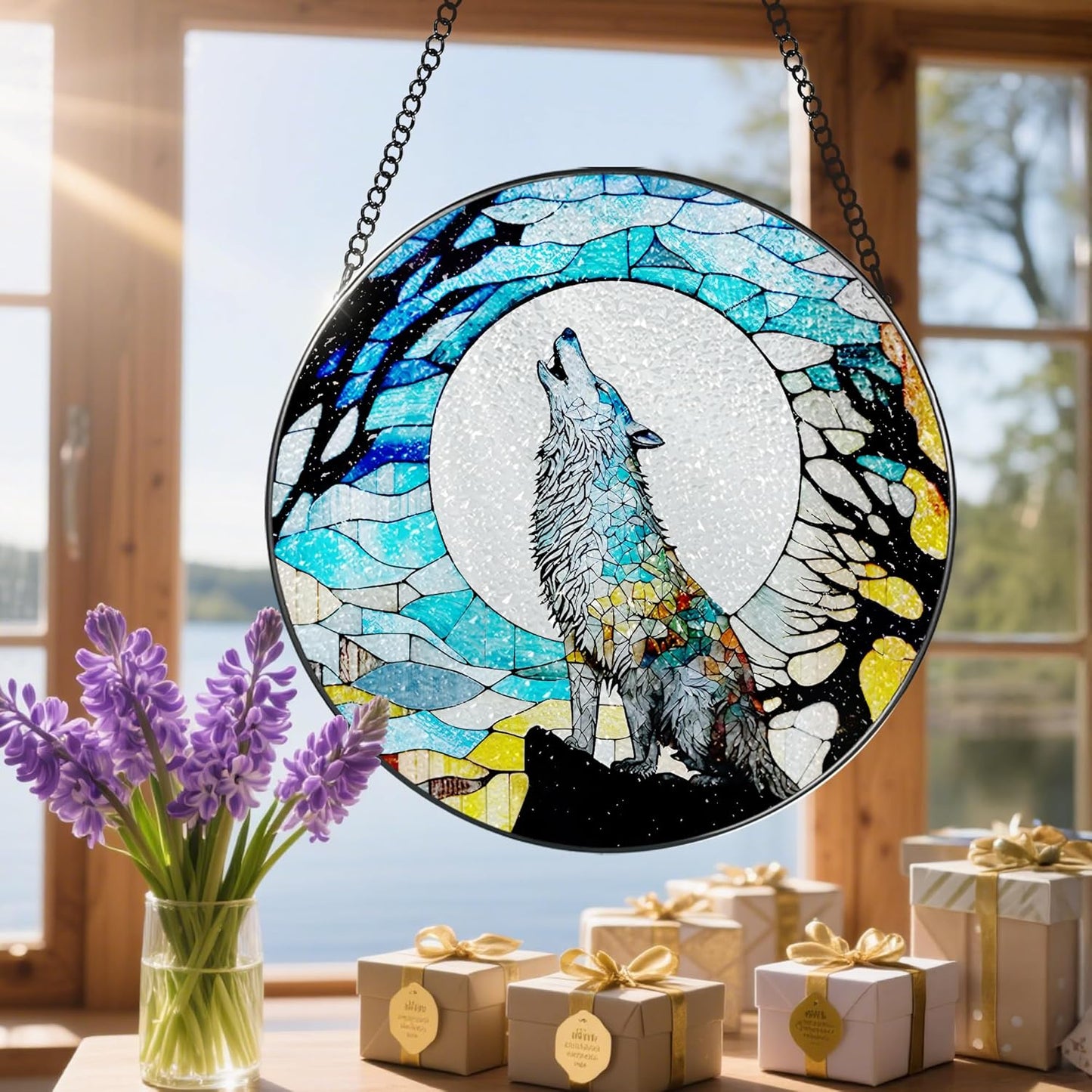 Stained Glass Window Hanging, Stained Glass Suncatcher, Wolf Sun Catcher, Window Decor, Wolf Lover Gift, Gifts for Fathers Day, Christmas or Birthday Gift, Gifts for Men Him Dad Grandfather Son