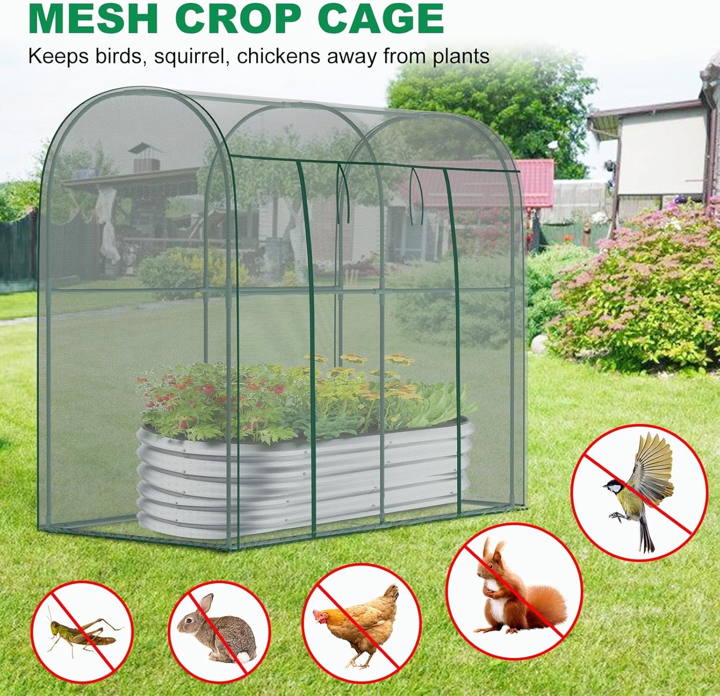 Crop Cages for Garden Plant, 6.6x3.3x6 Ft Plant Protection Tent with Zippered Door, Raised Bed Cover, Garden Bed Cover with Frame, Wind-Resistant Plant Cages for Outdoor Plants Vegetable Flower
