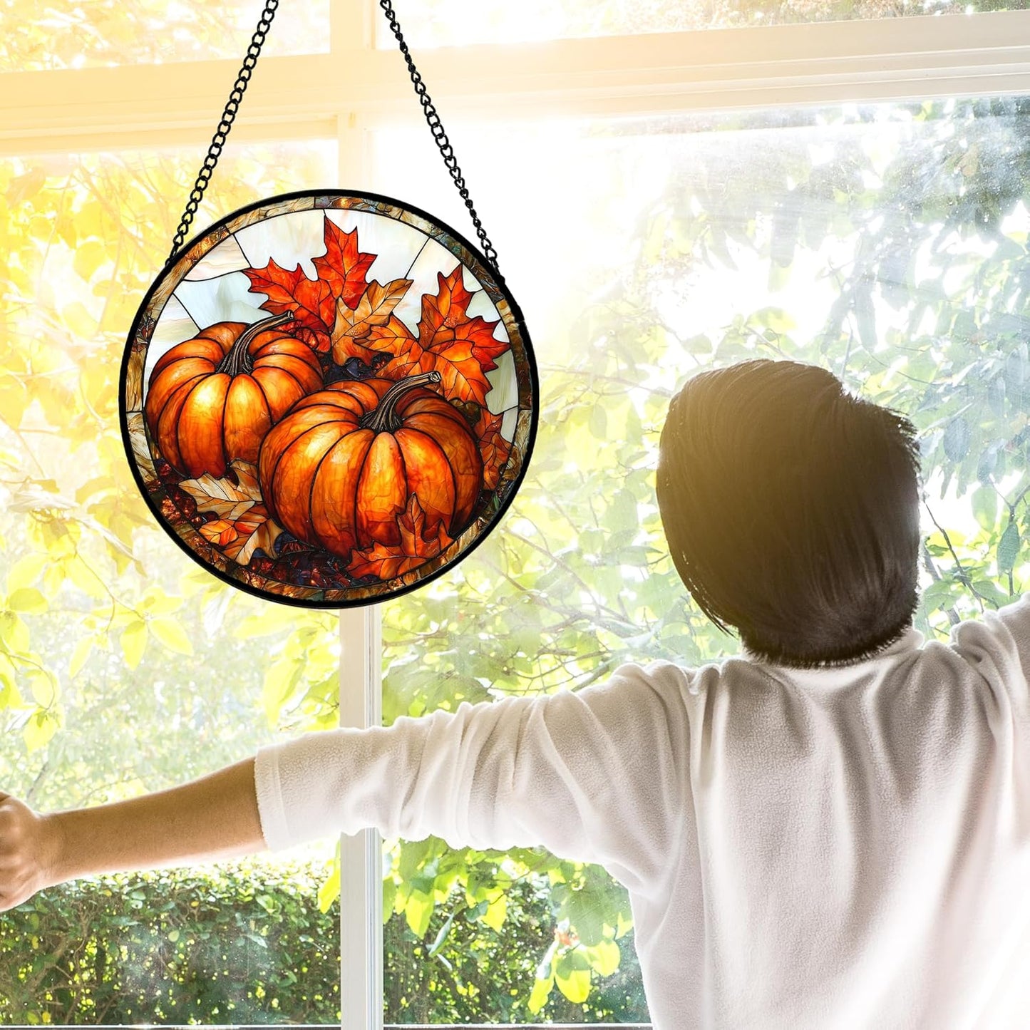 Stained Glass Window Hanging, Pumpkin Maple Leaf Suncatcher for Doors Home Sun Catchers Decoration and Christmas, Mother's Day Birthday Gifts for Women, Men, and Mom 11.8x11.8 in