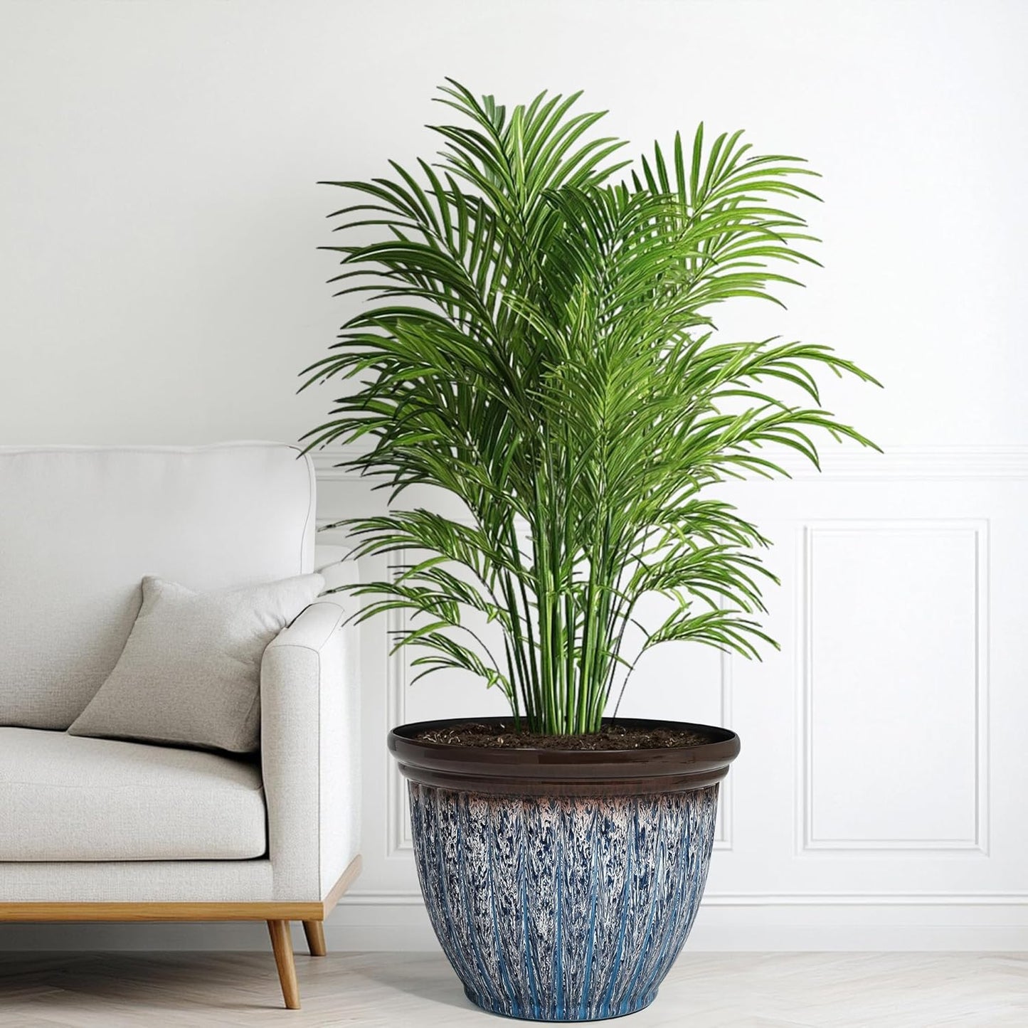 15" D Large Flower Pots, 2-Pack Big Planters for Indoor Outdoor Plants, UV-Protect PP Container for Garden Patio Yard Balcony Porch or Home Decor, Artistic Floating Blue & Brown Glaze