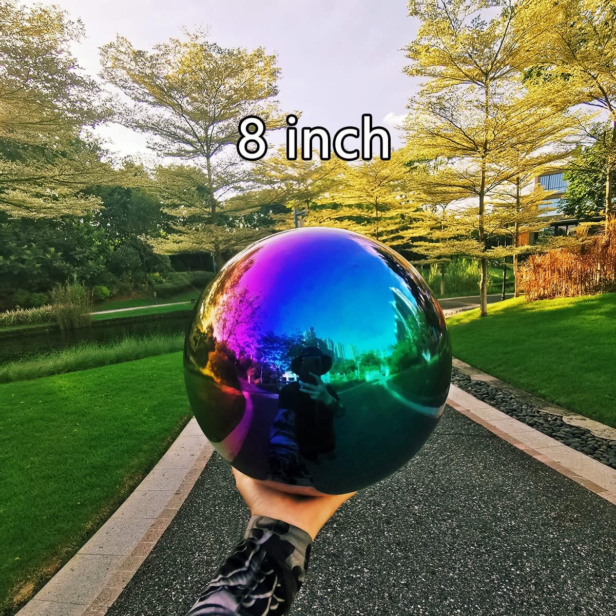 Rainbow Gazing Globe Mirror Ball in Stainless Steel, Shiny Hollow Sphere Sparkling Housewarming Outdoor Ornament (8 Inch)