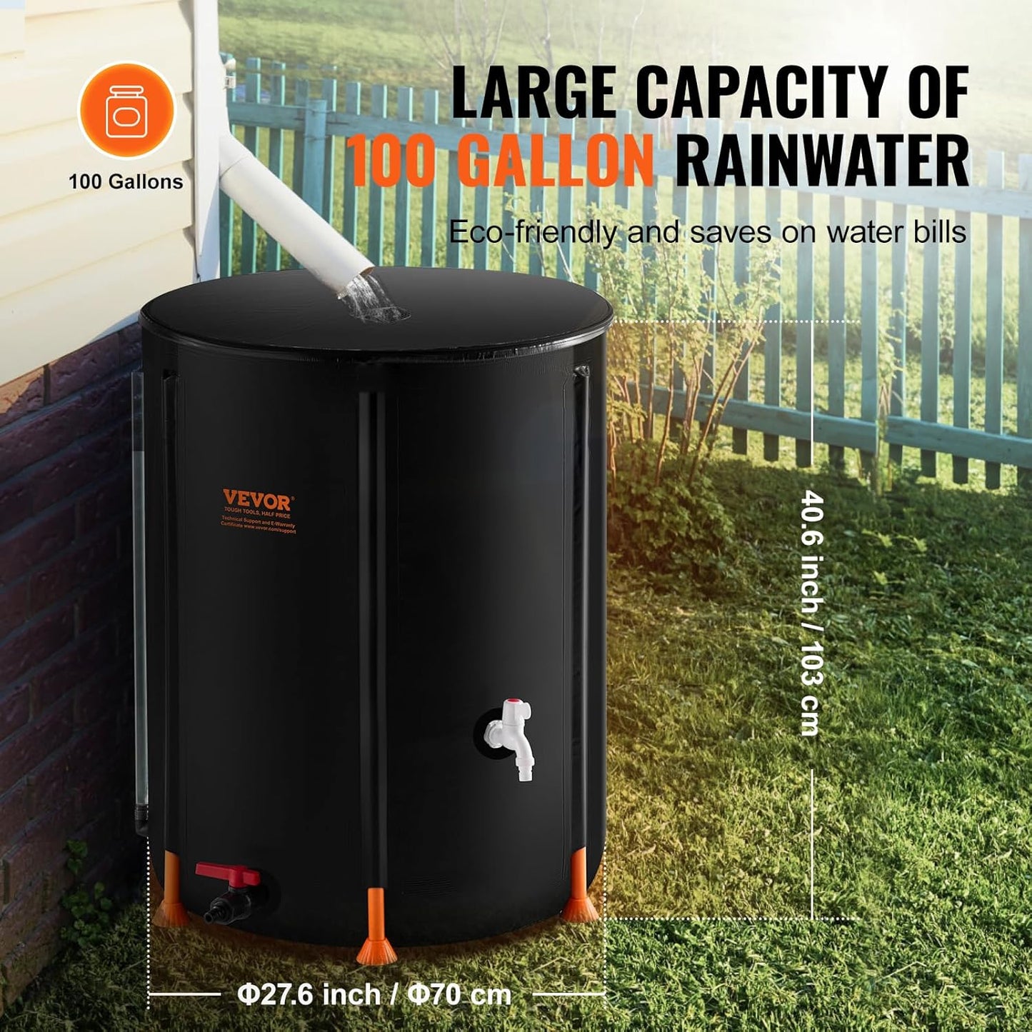 VEVOR Collapsible Rain Barrel, 100 Gallon/380 L Portable Water Tank, PVC Rainwater Collection Barrel with Spigots and Overflow Kit, Water Barrel for Garden Water Catcher