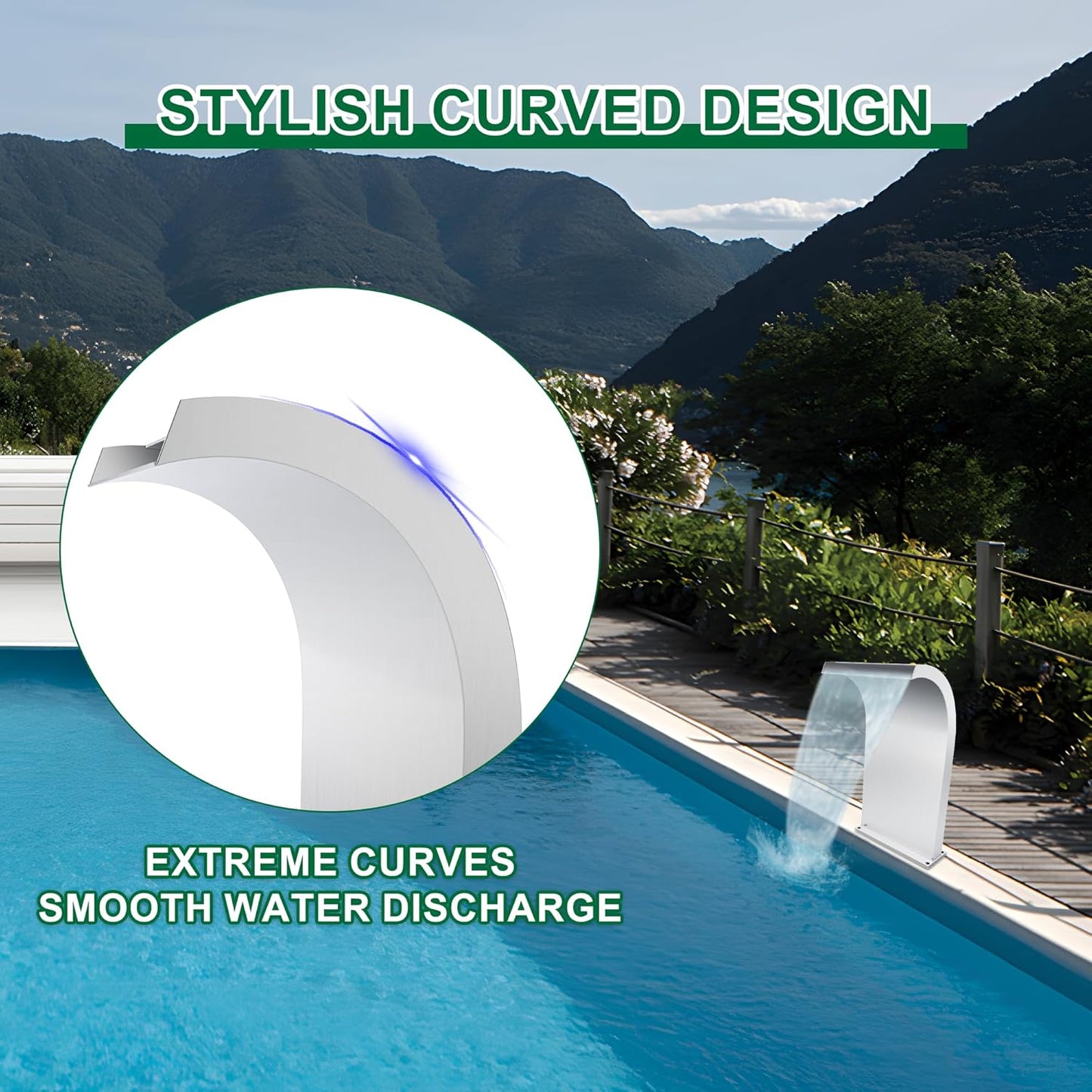 S-Shape Waterfall Spillway Ground Pool Fountain, LONGRUNNEW 304 Stainless Steel Outdoor Water Feature 24.13'' x 9.37'' x 15.39'' for Garden Decor, Landscape Accents & Patio Pond Water Feature-Large