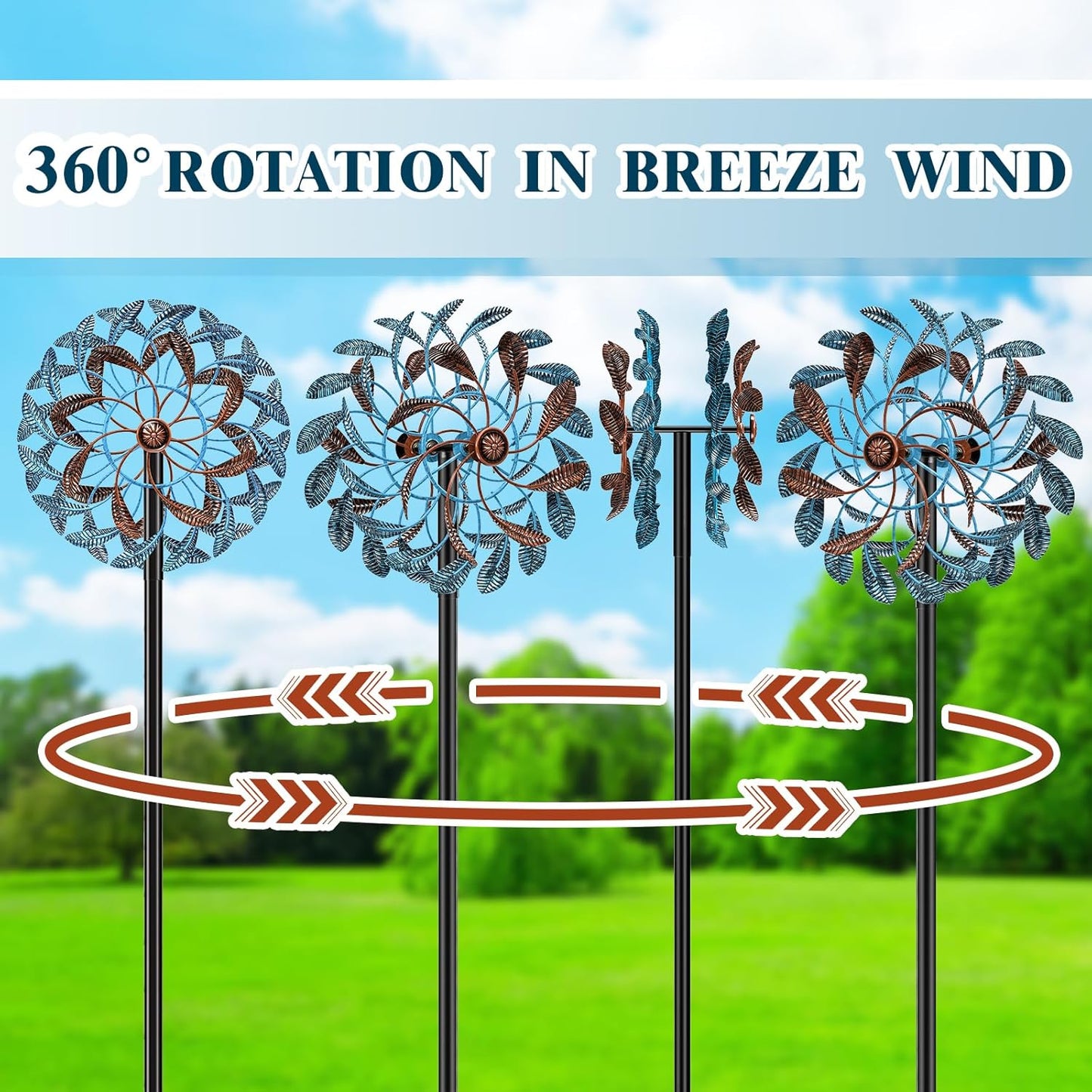 360° Wind Spinners Outdoor, Wind Sculptures Windmill with Metal Stake, Kinetic Large Metal Yard Art Decor Spinners Pinwheels for Garden Outside Patio Lawn, 63.2 * 13.2"