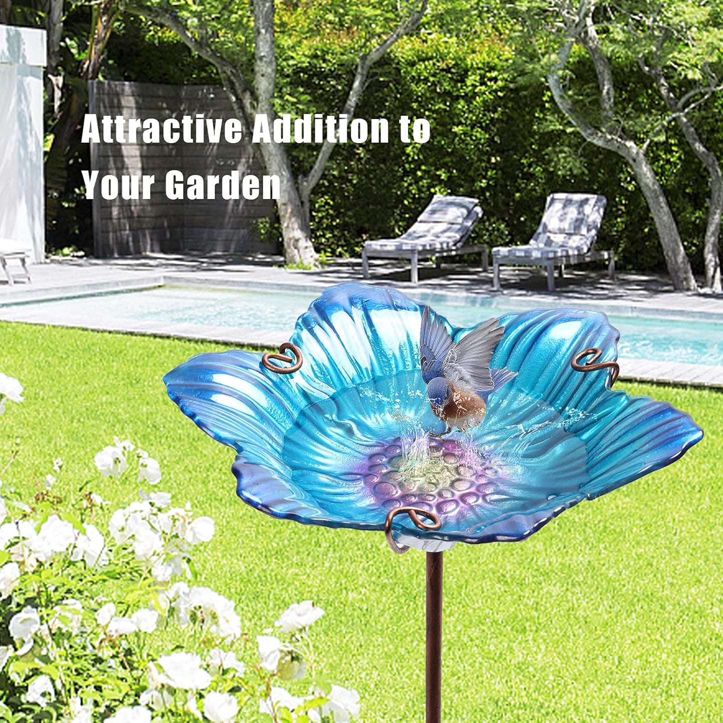 Outdoor Bird Bath Glass Birdbath Garden Birdfeeder with Metal Stake Blue(Height:26inch)