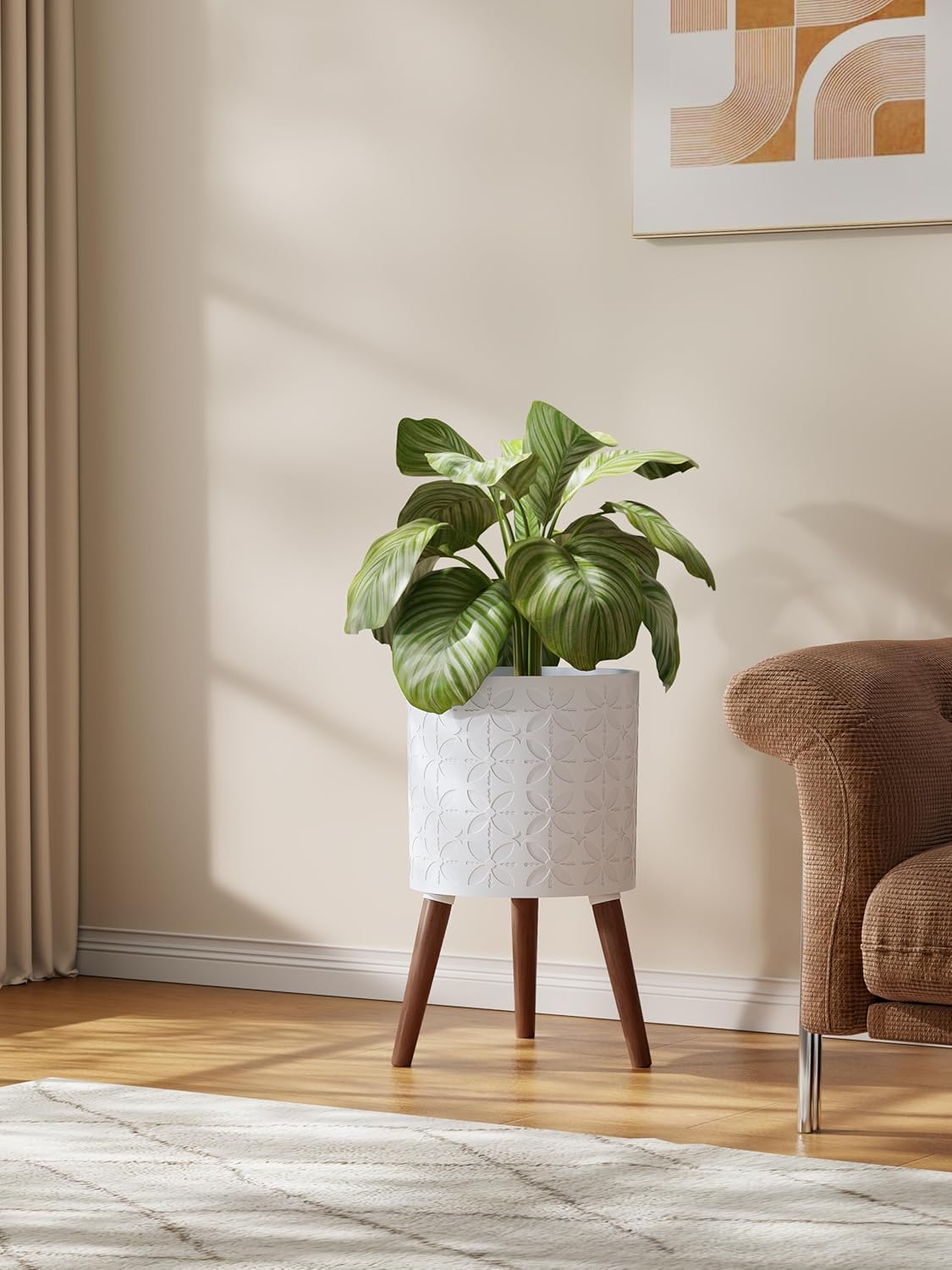 10 Inch Planter Pot with Stand, Planter for Indoor Plants, Modern Large Flower Planter Pot with Drainage Holes for Outdoor,Matte White