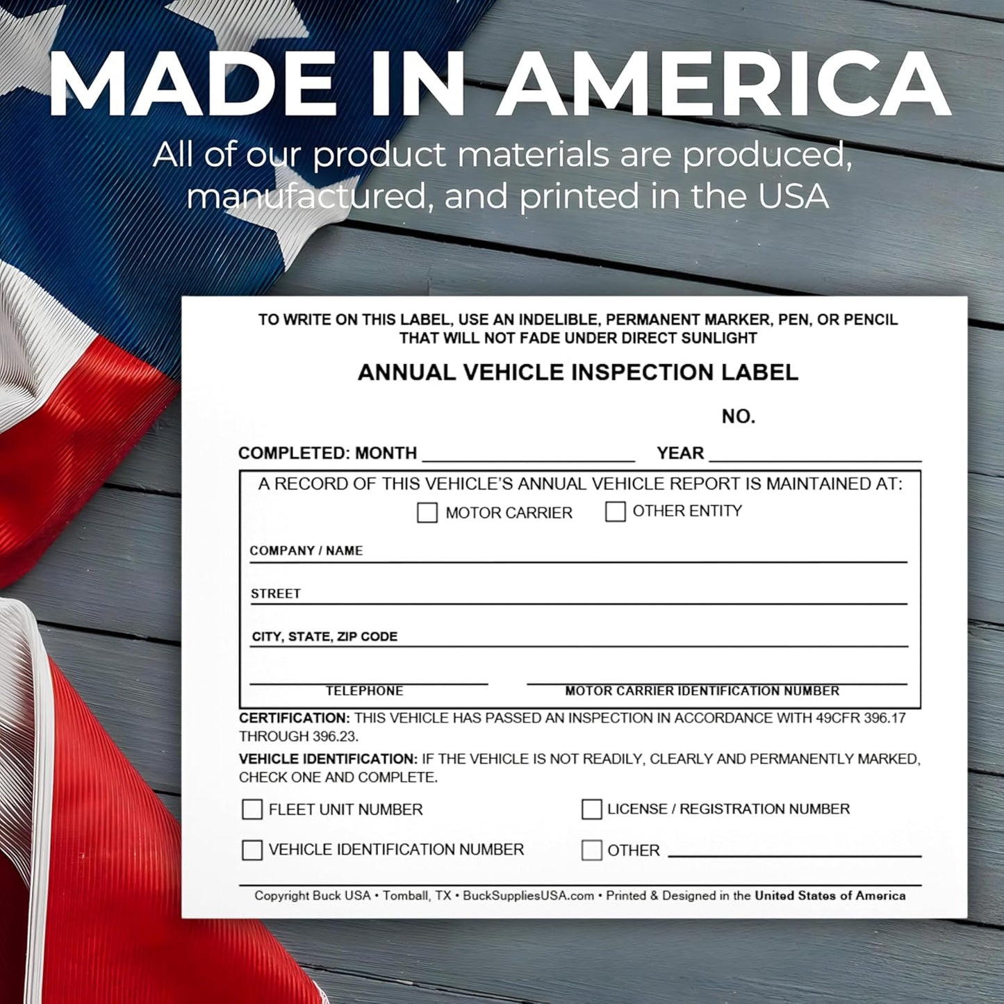 5 Pack Buck Annual Vehicle Inspection Label, 2-Ply Adhesive Vinyl with Mylar Laminate, FMCSA & DOT Compliant, Weatherproof, Tear Resistant, Easy to Write On, 5" x 4" - Made in USA