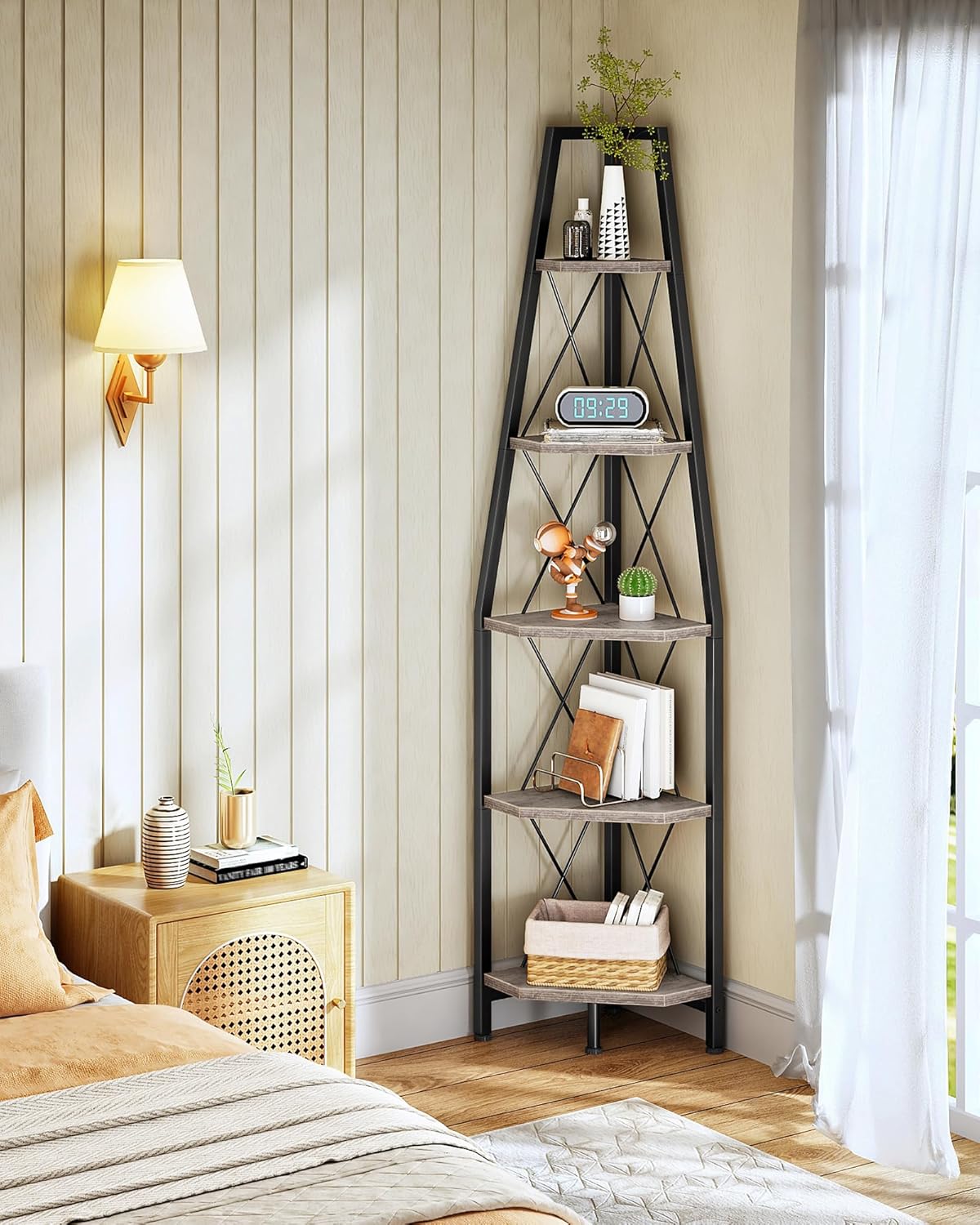 5-Tier Corner Shelf, Corner Bookshelf, Ladder Shelf, Floor Standing Storage Rack, Open Display Stand, Plant Stand, for Living Room, Bedroom, Study, Bathroom, Greige and Black TCJ22BG