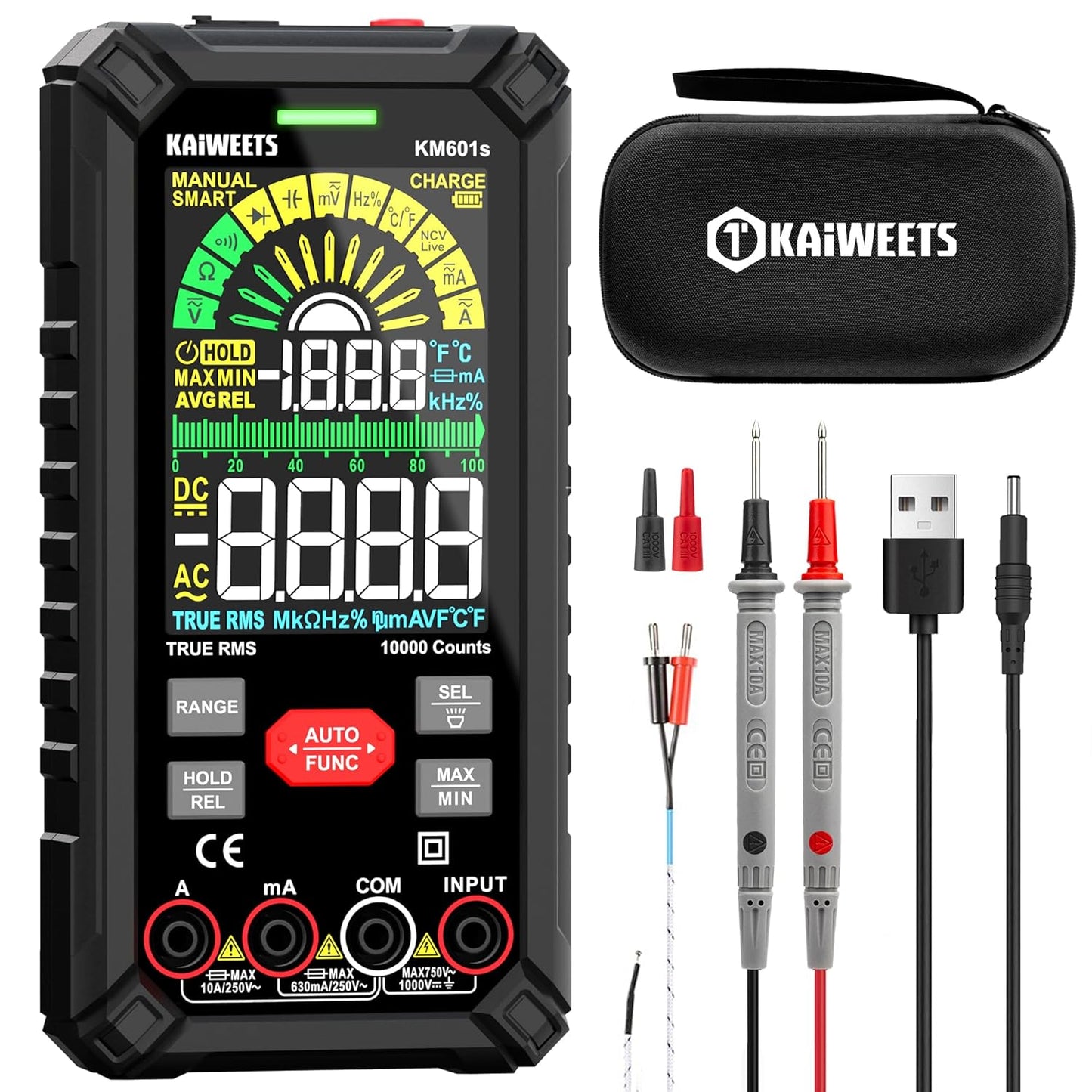 KAIWEETS Digital Multimeter 10000 Counts TRMS Auto Ranging, Rechargeable Smart Multimeter, Color LCD Screen Volt Meter, Measures Voltage, Current, Resistance, Continuity, Capacitance, Frequency