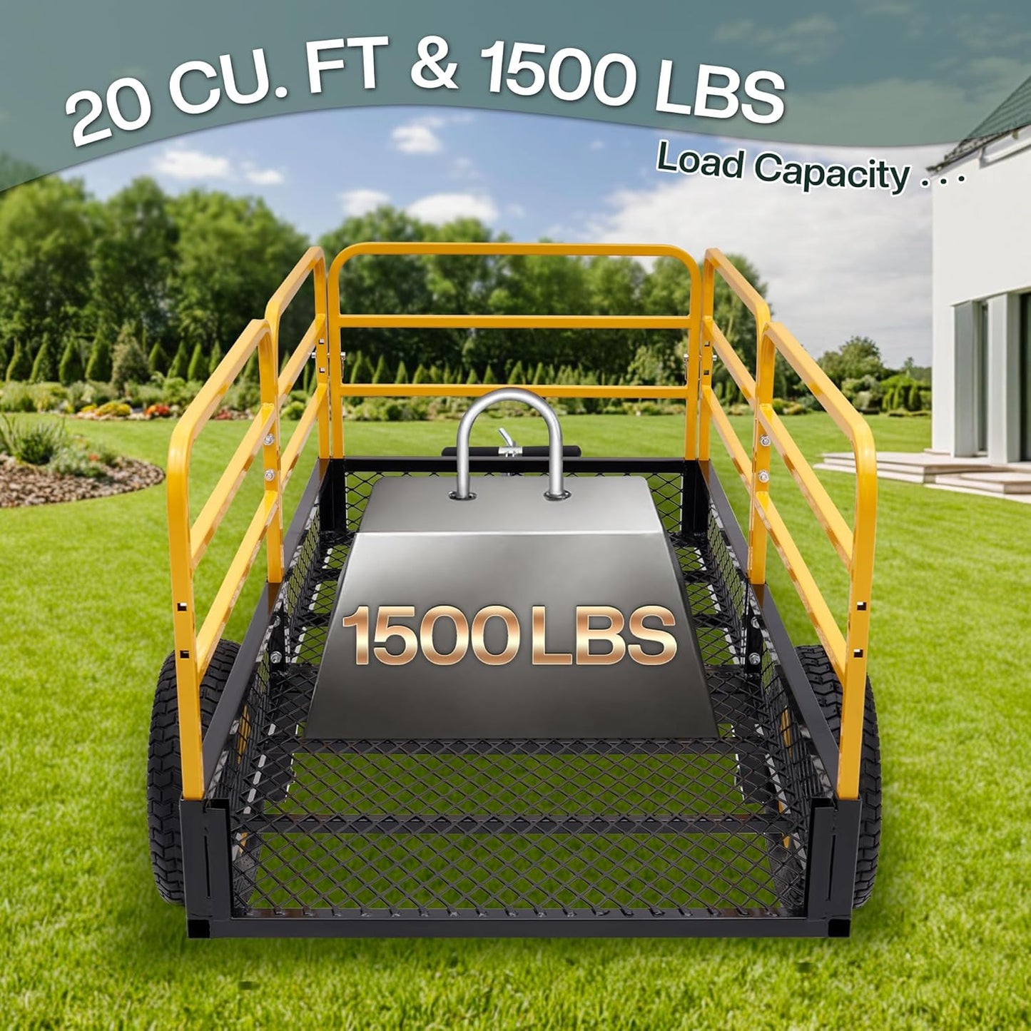 Jocisland Heavy Duty Garden Utility Trailer, 1500 Lbs 20 Cu.Ft ATV UTV Trailer Tow Behind Dump Cart with Removable Sides and Convenient Handle, Yard Lawn Mower Cart for Tractor