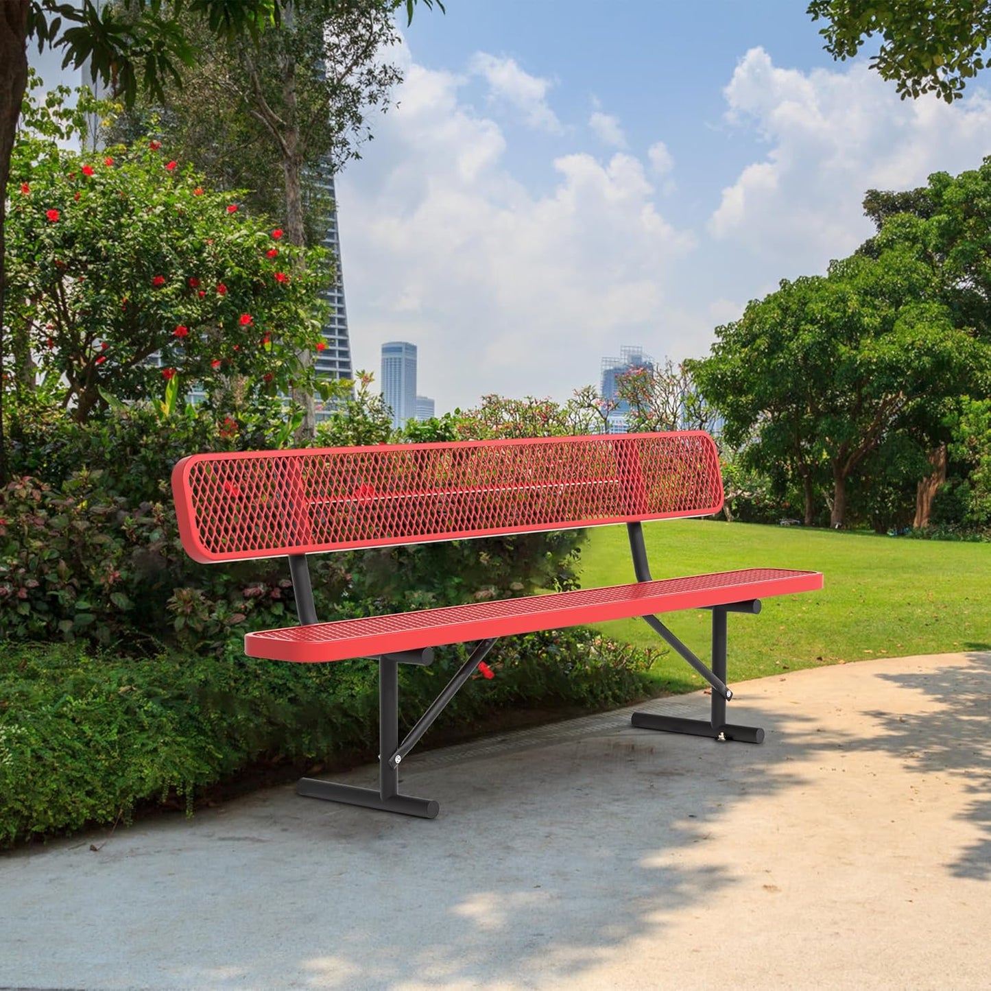 4/6/8 Feet Park Bench for Outside Heavy Duty Metal, Garden Benches Outdoor Bench with Backrest & Portable Frame, for Shopping Malls Stores Parks Patios Decks, Red