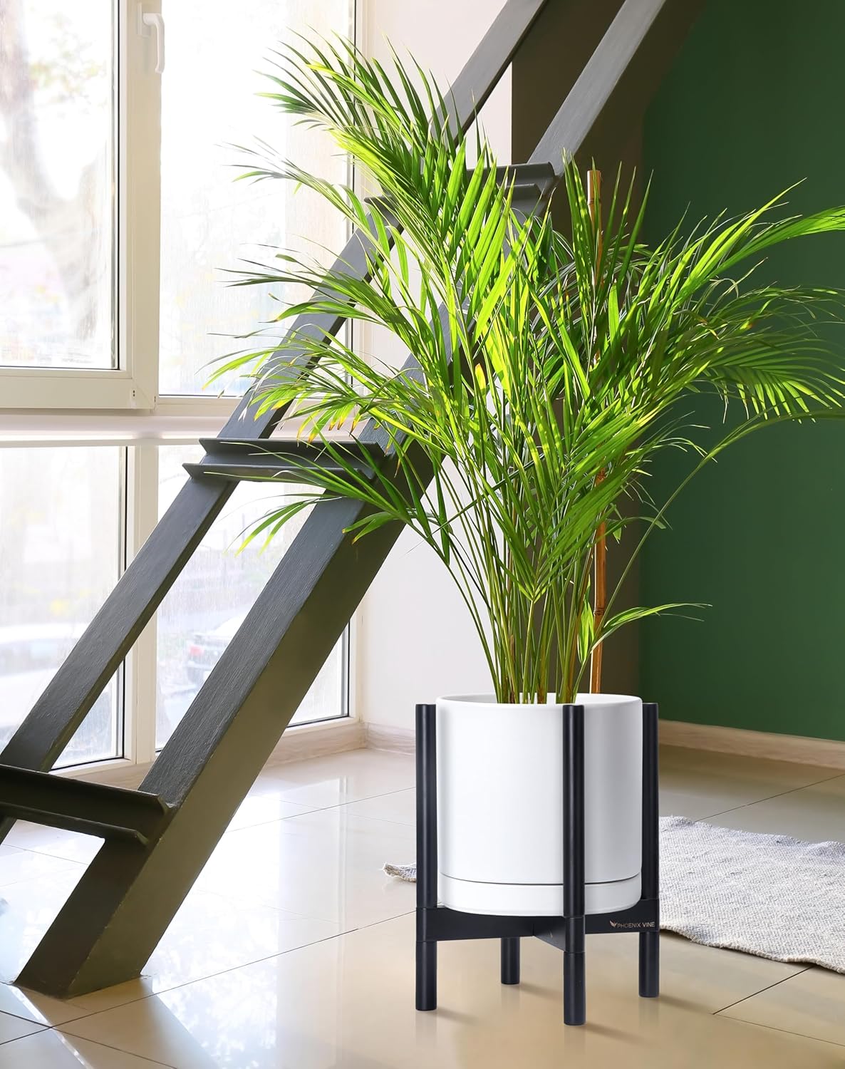 D'vine Dev Ceramic Planter with Ebony Stand - 12 Inch Modern Round Flower Pot with Wood Planter Holder, White, 55-B-H-1