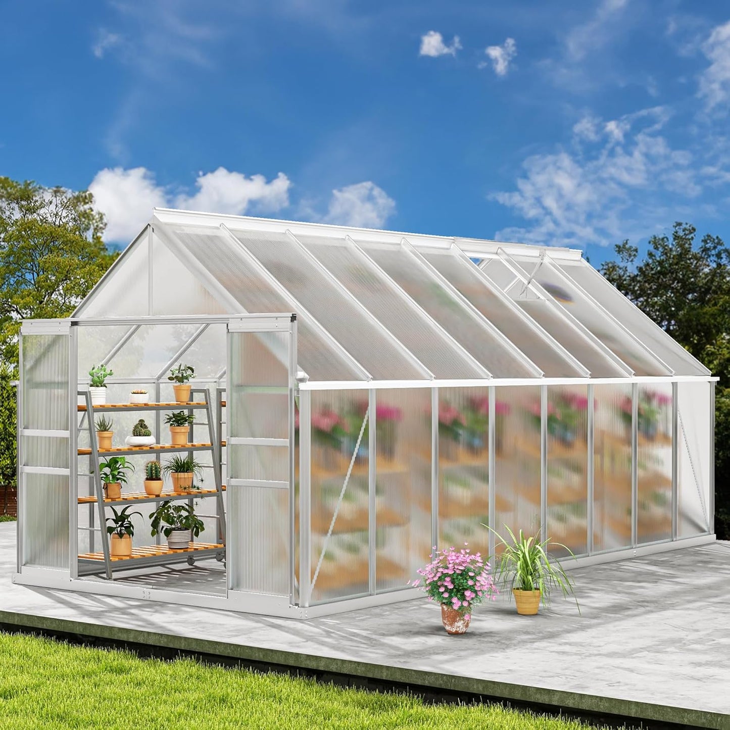 DWVO 16x8FT Polycarbonate Greenhouse Heavy Duty Green Houses Outdoor Aluminum Greenhouses with Sliding Doors Vent Window Premium Walk-in Greenhouse Large Sun House for Garden Backyard, Silver