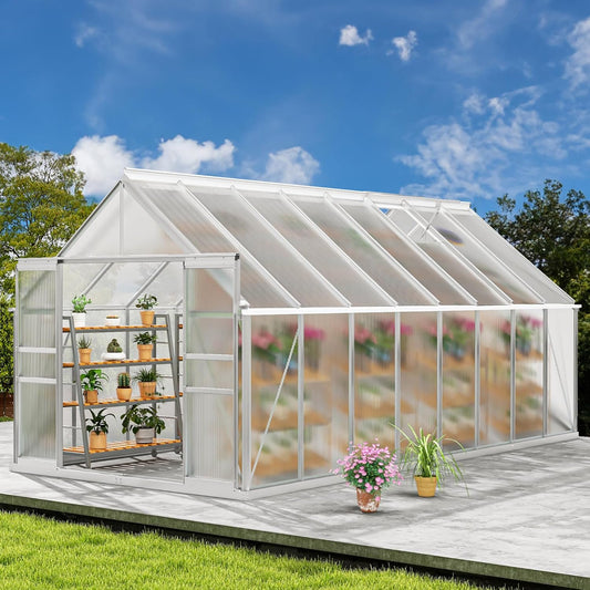 DWVO 16x8FT Polycarbonate Greenhouse Heavy Duty Green Houses Outdoor Aluminum Greenhouses with Sliding Doors Vent Window Premium Walk-in Greenhouse Large Sun House for Garden Backyard, Silver