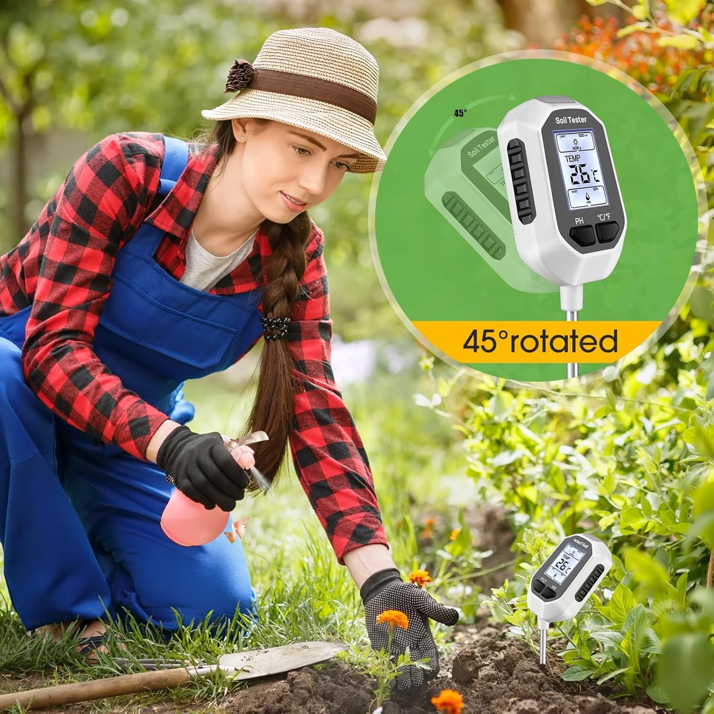 4-in-1 Soil Moisture Meter Digital Plant Temperature/Soil Moisture/PH Meter/Sunlight Intensity Backlight LCD Display Soil Test Meter for Gardening, Farming and Outdoor Plants