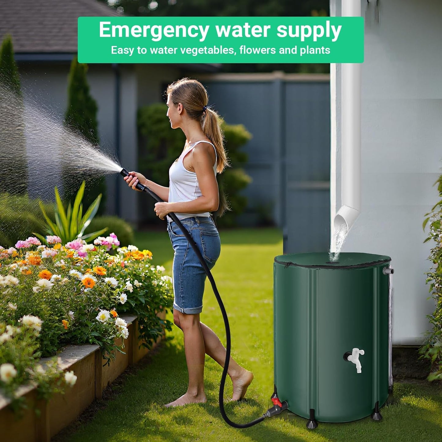 50 Gallon / 200L Collapsible Rain Barrel, Foldable PVC Rain Barrels to Collect Rainwater from Gutter, Portable Water Storage Tank Container with Hose Spigot, Water Catcher Collector Green