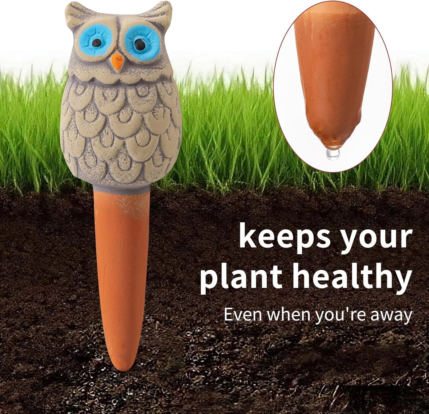 4 Pack Handmade Terracotta Owl Watering Spikes and Globes, Self-Watering Plant Devices with Slow Release System for Continuous Moisture, Perfect Water Bulbs for Indoor and Outdoor Plants Vacation Use