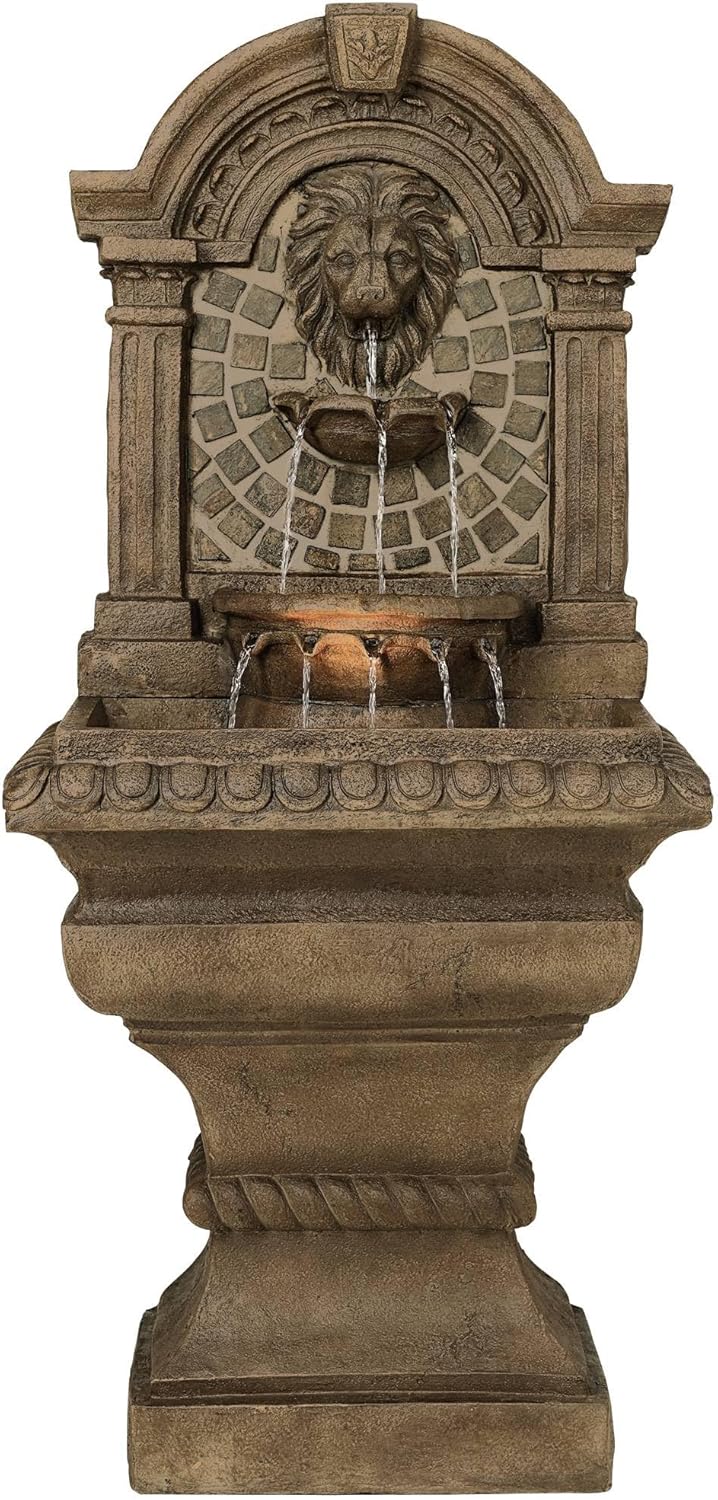 Royal Lions Head 51" High Large Italian Outdoor Decor Faux Stone Floor Fountain with Light Statue Waterfall Standing Tiered Water Feature for Outside Garden Patio Yard Backyard Porch - John Timberland