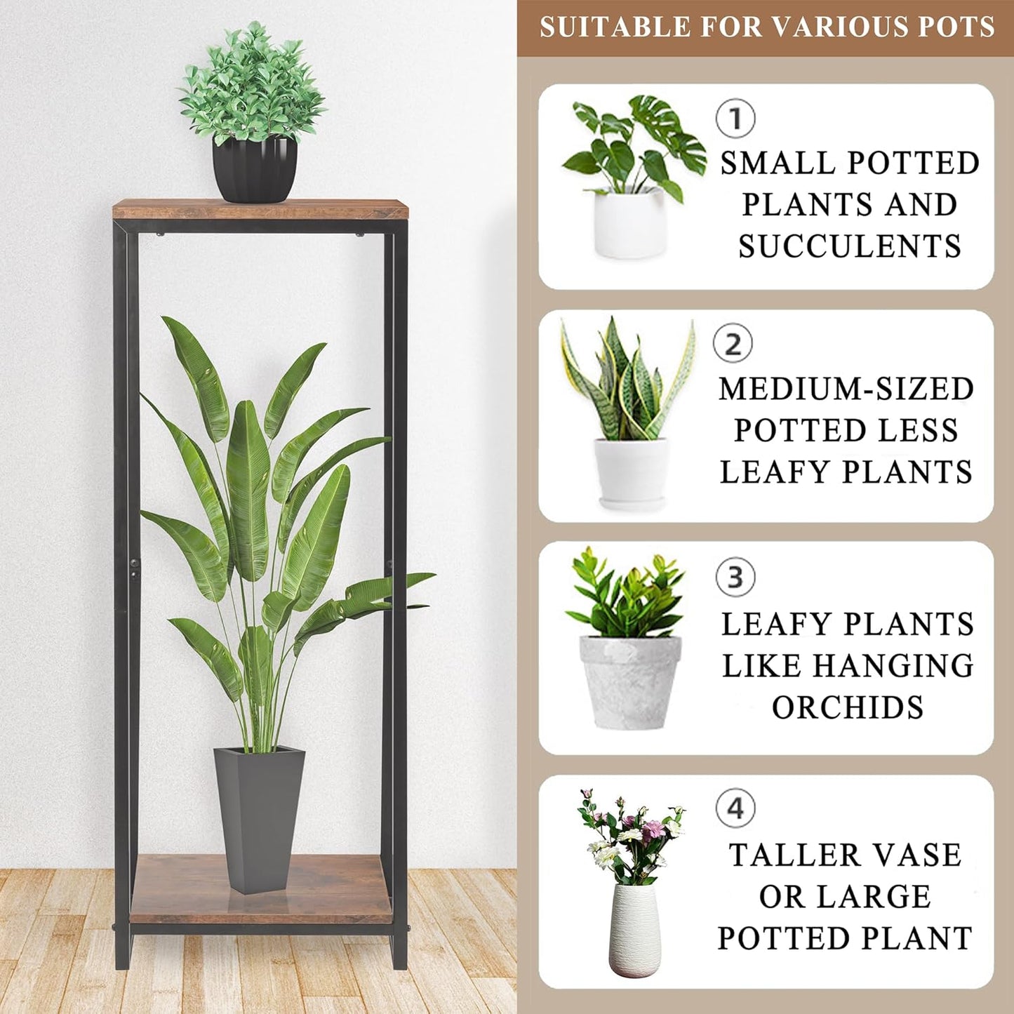 34" Tall Plant Stand Indoor, 2-Tier Modern Plant Shelf, Corner Flower Pot Holder Organizer for Living Room Balcony Patio Garden (Rustic Brown)