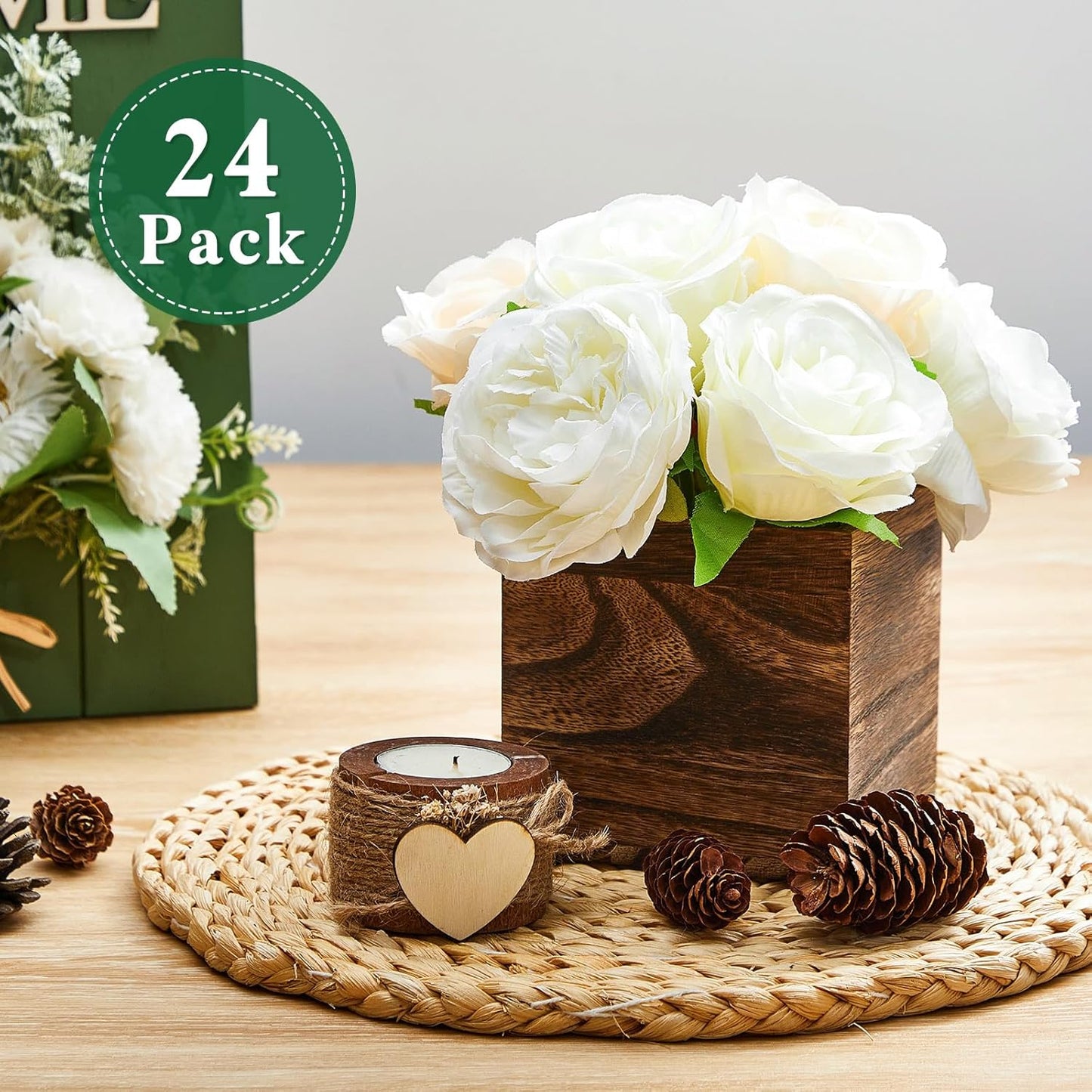Dandat 24 Set Wood Cube Planter Box Square Wood Vase Rustic Cube Planter Box with Removable Plastic Liner Floral Foam Blocks for Centerpieces Home Wedding Garden Decor, Country Style (Brown)