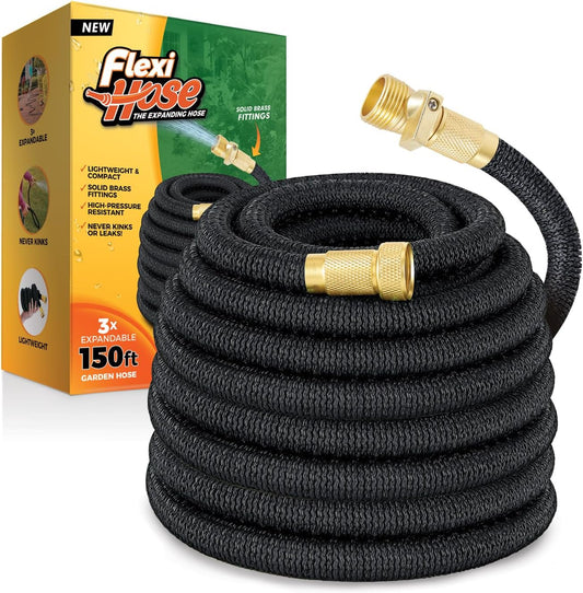 Flexi Hose Lightweight Expandable Garden Hose, No-Kink Flexibility, 3/4 Inch Solid Brass Fittings and Double Latex Core (150 FT, Black)