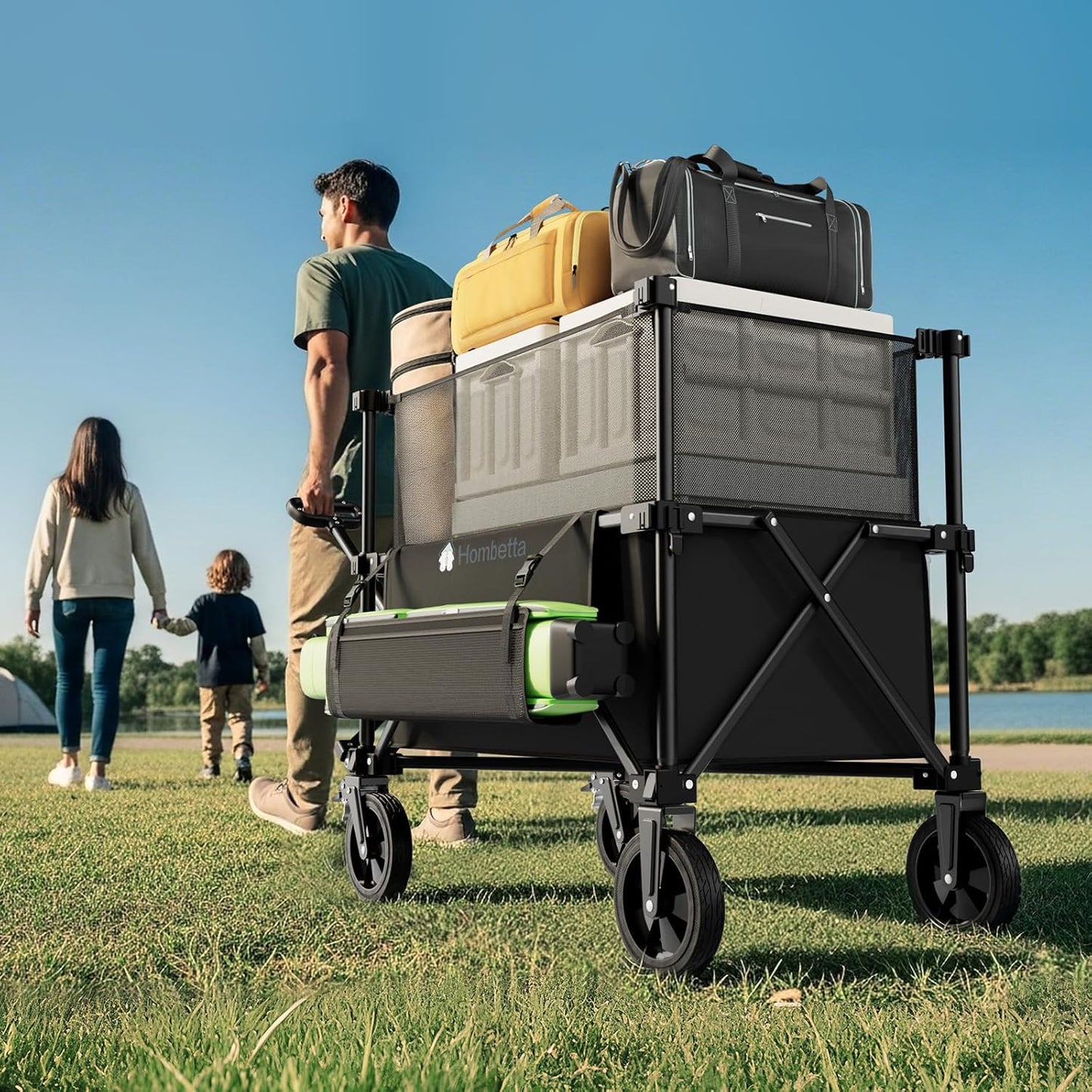 Folding Wagon Cart Foldable with Wheels, Adjustable Decker 150L-300L Capacity, All-Terrain Wheels & Brake, 450LBS Heavy Duty Collapsible Wagon for Beach, Camping, Outdoor