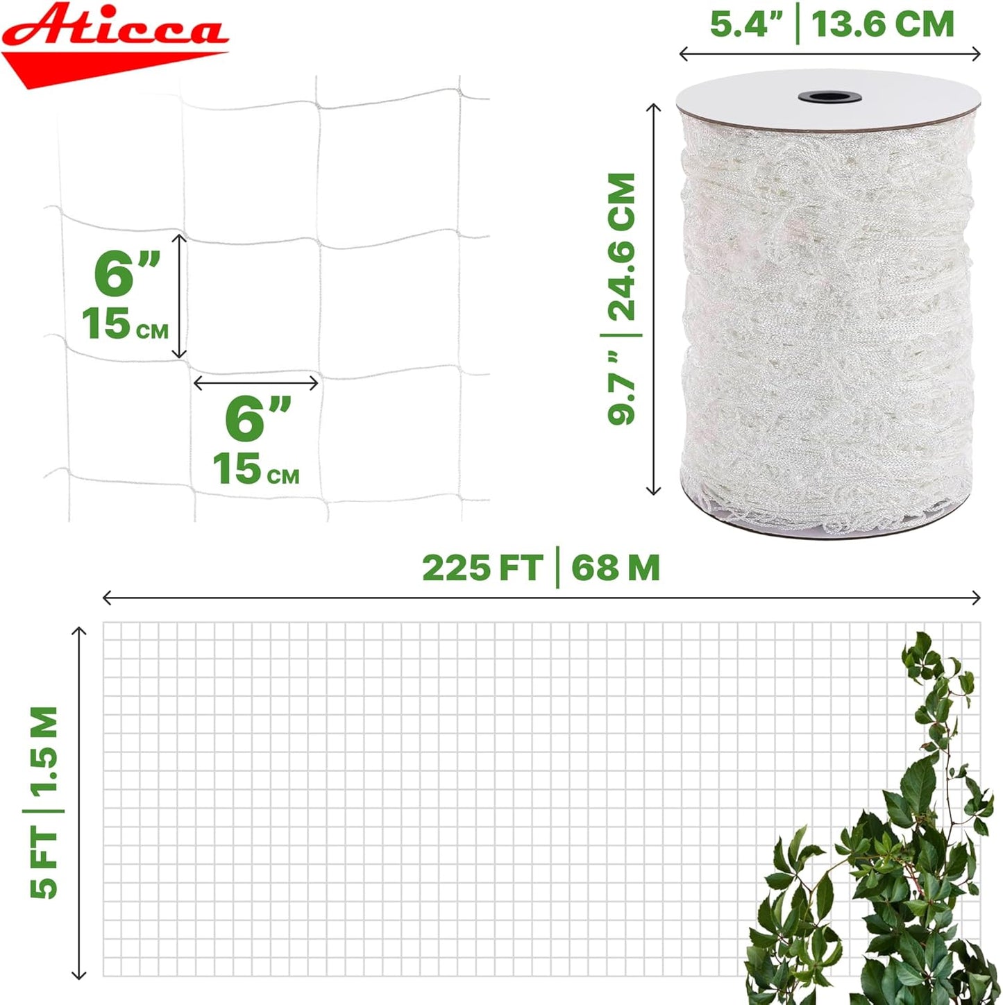 Trellis Netting 5 x 225 ft Heavy Duty Polyester Plant Support Netting White - 6 Inch Garden Rope Trellis on Roll - Mesh Twine for Growing Vine Climbing Plants, Flowers, Peas, and Tomatoes.