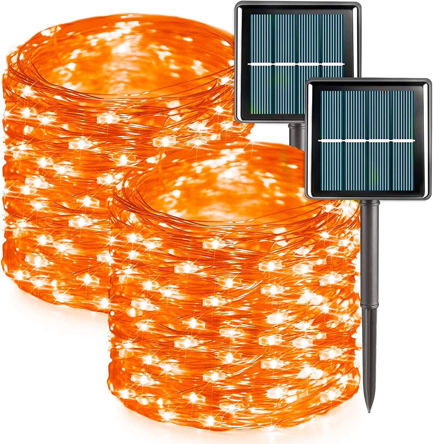 QITONG Orange Solar Halloween Lights Outdoor Waterproof, 2 Pack Each 66ft 200 LED String Lights, Silver Wire Orange Lights for Halloween with 8 Modes