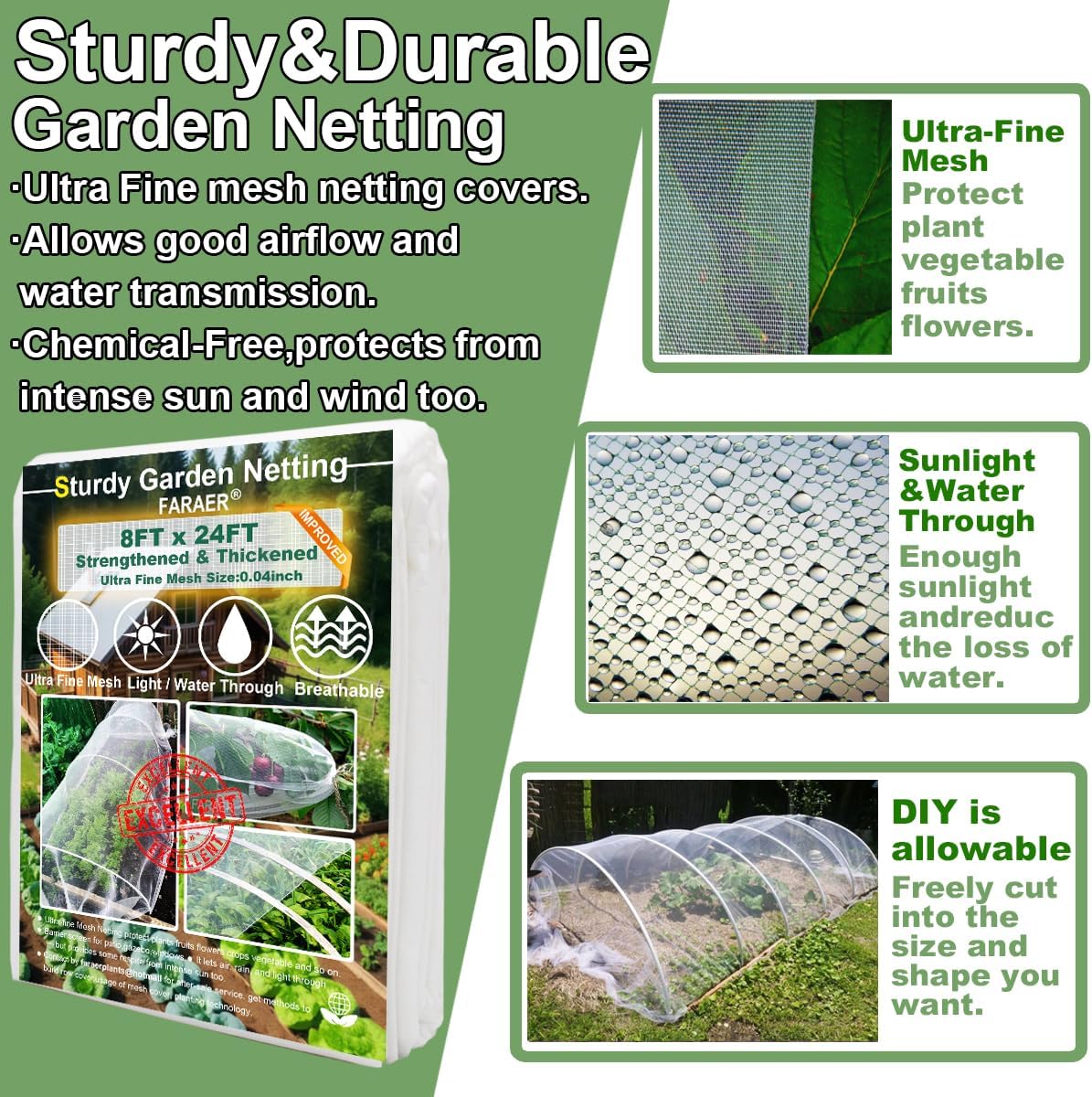 Garden Pest Barrier Netting, Insect Barrier Net 8x24Ft Ultra Fine Protect Netting Thickened Mesh Net Plant Covers for Vegetable Plants Fruits Greenhouse Row Cover Raised Bed Barrier Screen Bugs Out