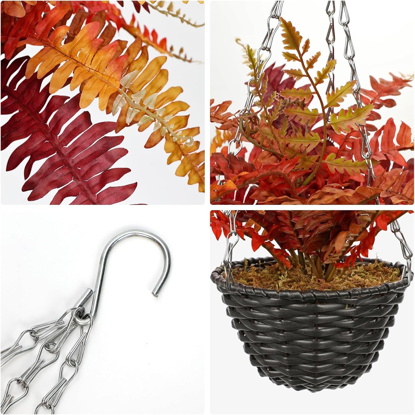 Hollyone Fall Hanging Baskets Small Artificial Fern Orange 21 Leaves Fall Hanging Decor Plant Boston Ferns Silk Plants with Black Rattan Baskets Outdoors Indoor Fake Fern Autumn Decorations for Home