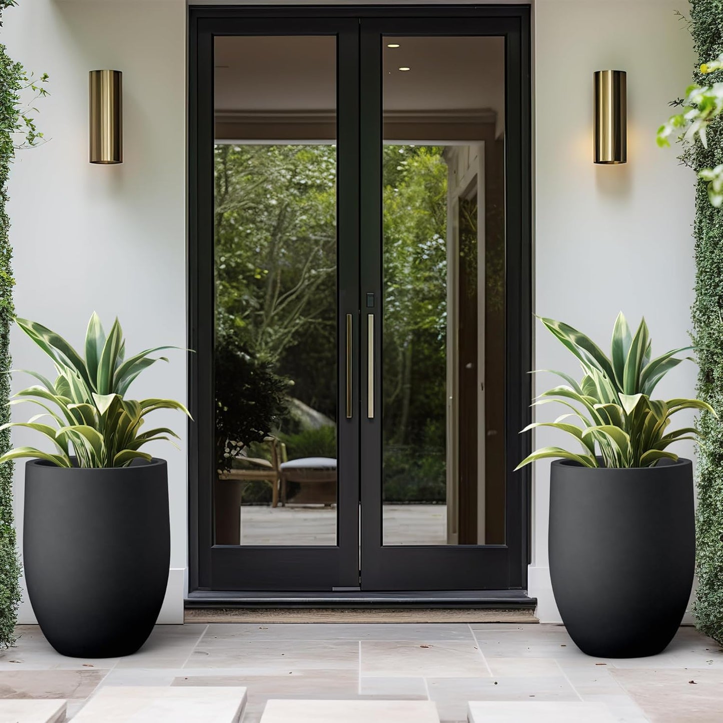 Kante 21.7 Inch Tall Concrete Planter, Large Indoor Outdoor Plant Pot with Drainage, Smooth Black Finish with Warm Brown Interior, Ideal for Porch, Home, Garden, Patio