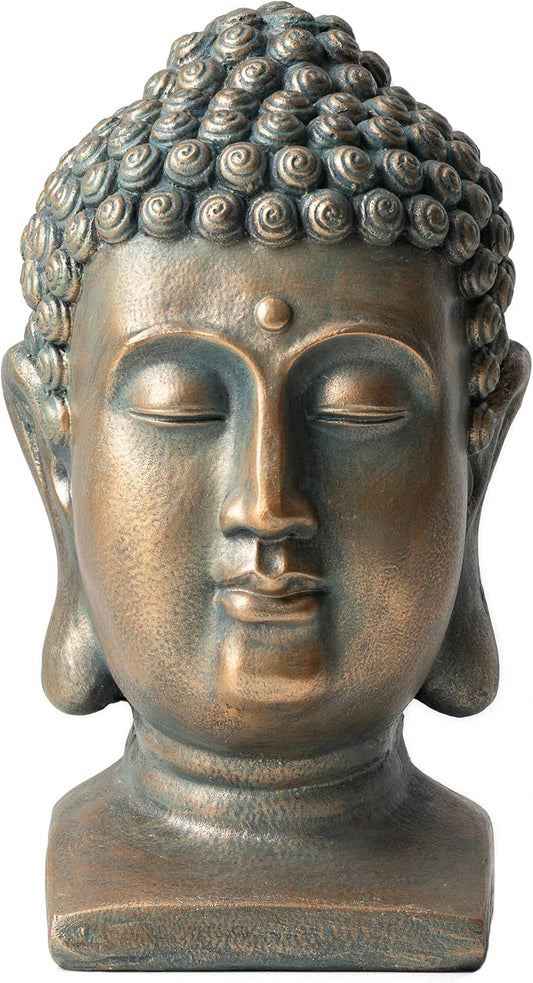 Glitzhome MGO Faux Bronze Buddha Head Garden Statue Indoor and Outdoor Sculpture Decoration, 16" H