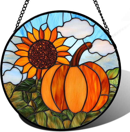 Stained Glass Window Hanging Fall Farm Scenery Sunflower Pumpkin 6.3" - Suncatcher Door Garden Kitchen Sunroom Sun Catcher Home Decor Birthday for Mom Grandma Men Woman