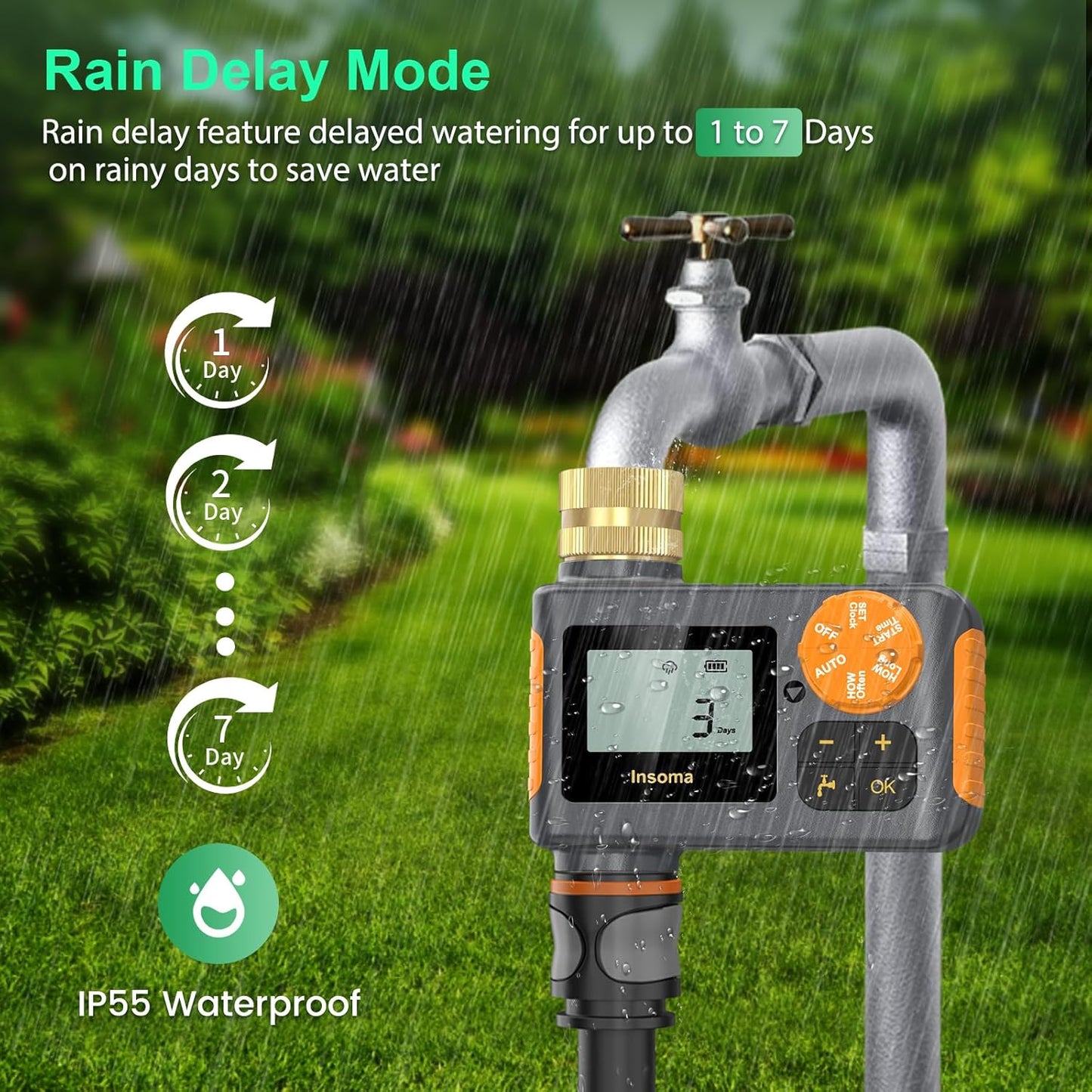 Digital Water Timer 1 Zone Brass Inlet & Outlet, Programmable Water Timer for Garden Hose, Automatic Control | Manual ON/Off | Rain Delay for Outdoor Faucet, Drip Irrigation and Lawn Watering System