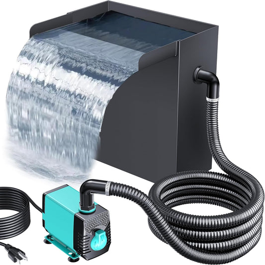 POPOSOAP Pond Waterfall Spillway with Pump Kit, 13.4" H x 12" W Stainless Steel Pond Waterfall Box with Pond Pump, Filtration, 10FT Corrugated Tubing for Outdoor Garden Pond Spillway