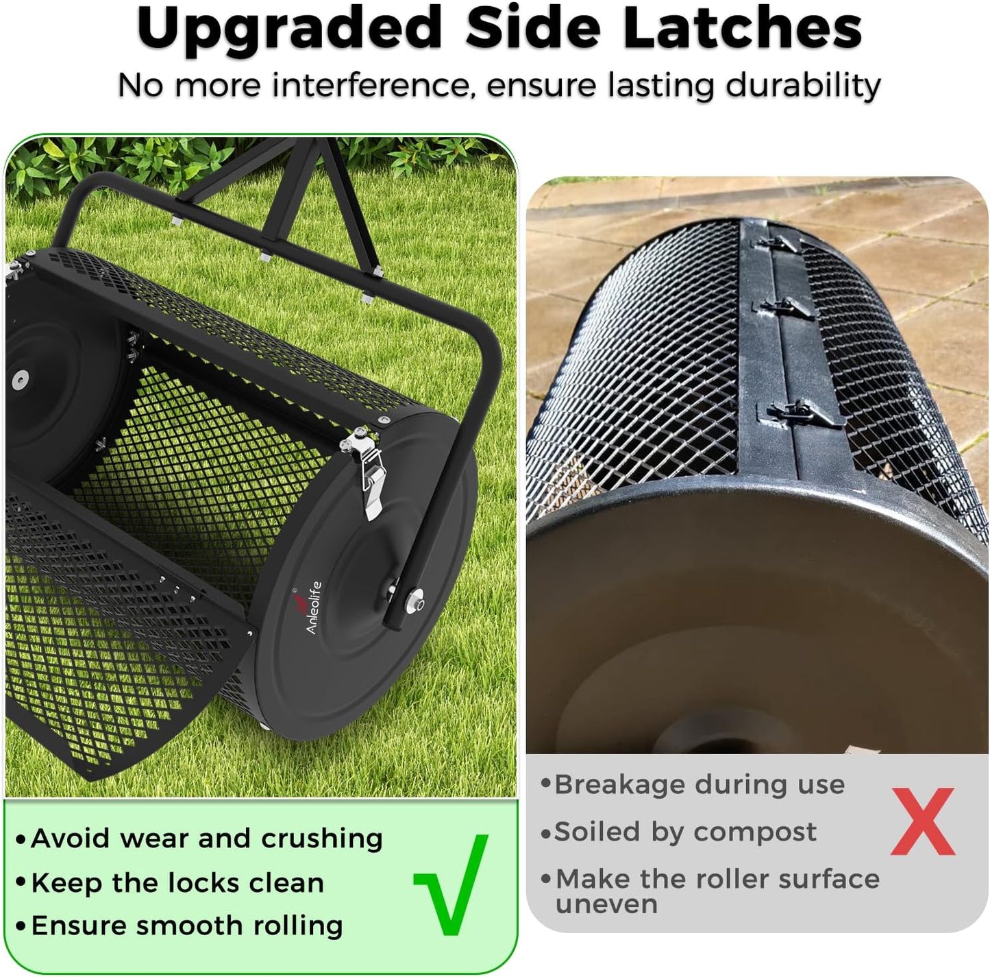 24 Inch Compost Spreader, Lawn and Garden Peat Moss Roller with Side Latches, 24-31.1" Height Adjustable Handle, Metal Mesh Basket for Spreading Topsoil, Manure, Mulch, Black