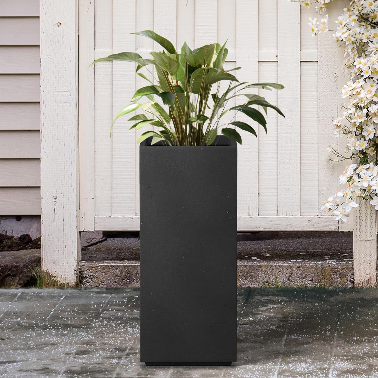 Kante 27.6" H Tall Rectangular Concrete Planter, Modern Square Diameter Plant Pot with Drainage Hole and Rubber Plug for Indoor Outdoor Home Patio Garden, Black