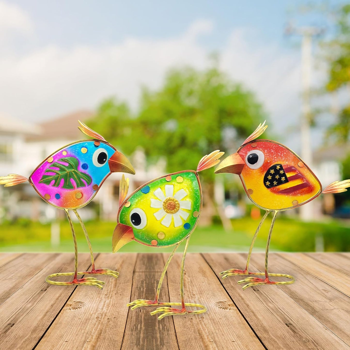 Birds Garden Decor for Outside: Metal & Glass Bird Yard Art, Craft Statue Lawn Ornaments for Outdoor, Housewarming Birthday Gifts for Women (3 PCS)