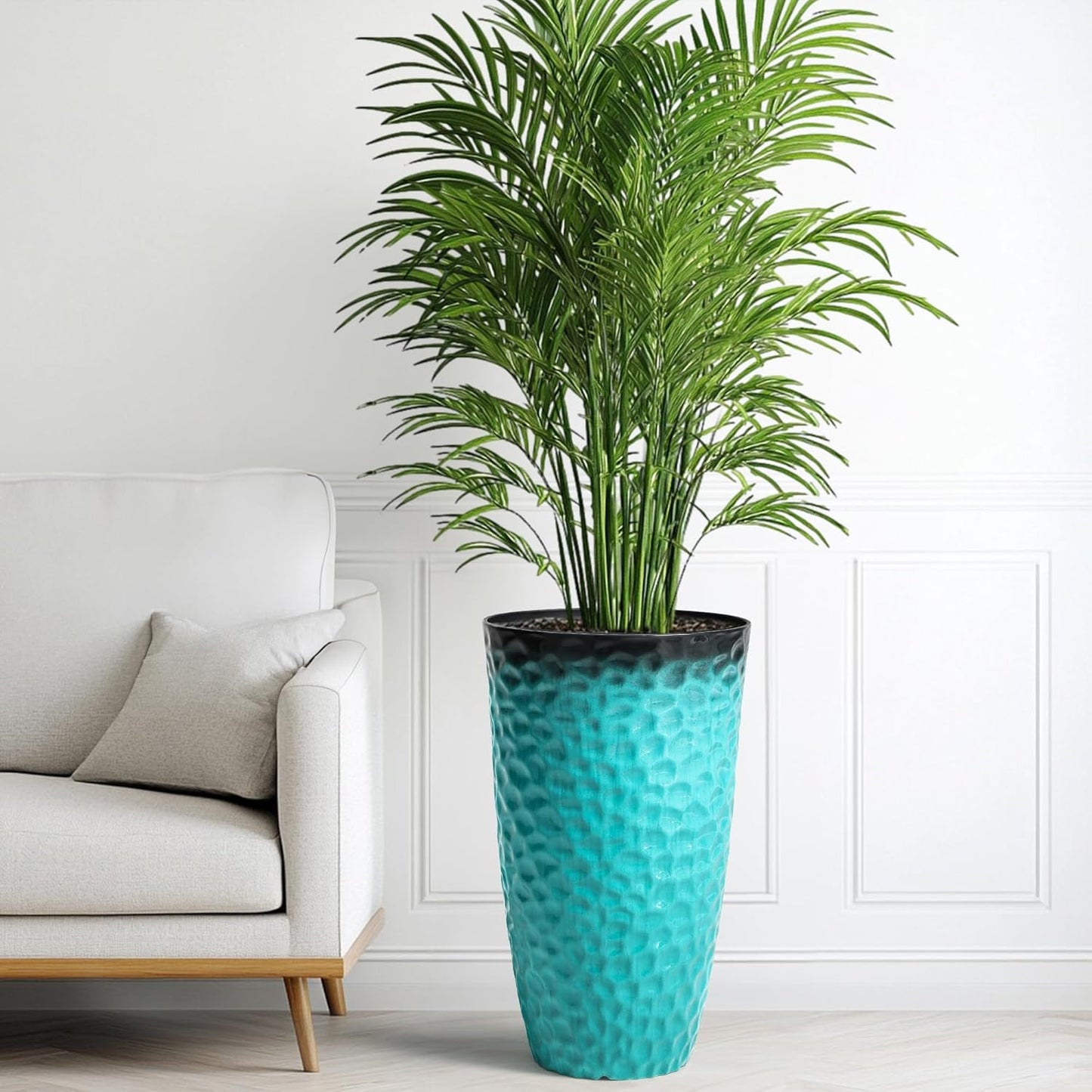 23.75" H Large Tall Outdoor Planters, Set of 2 Plastic Large Flower Pots for Outdoor Plants, with Turquoise Teal Honeycomb Texture, Weather-Resistant for Porch, Garden, Patio or Indoor Use