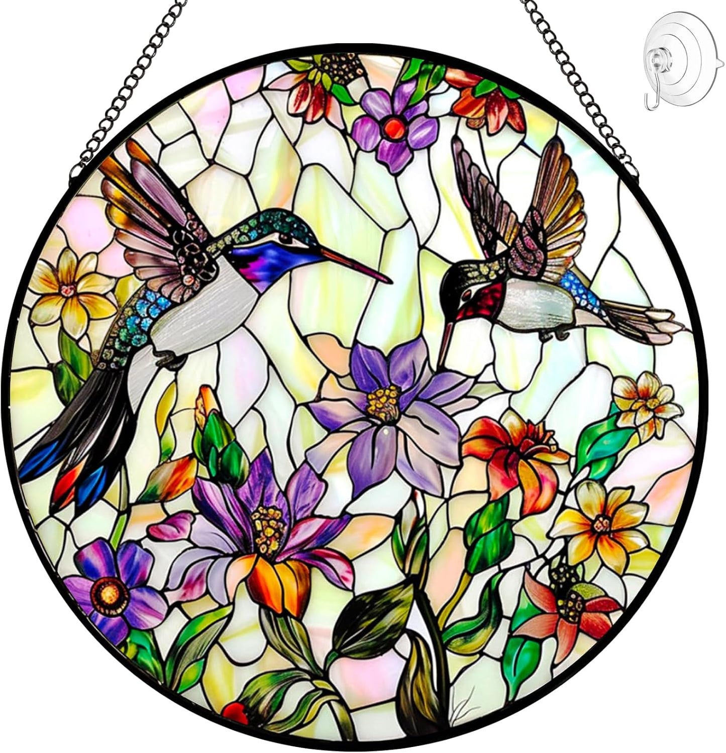 Hummingbird Sun Catcher Stained Glass Window Hanging - Wildflower and Bird Suncatchers for Windows Stained Glass Suncatcher - Sun Catchers Indoor Wall Art Home Decor Gift for Women Mom Bird Lovers
