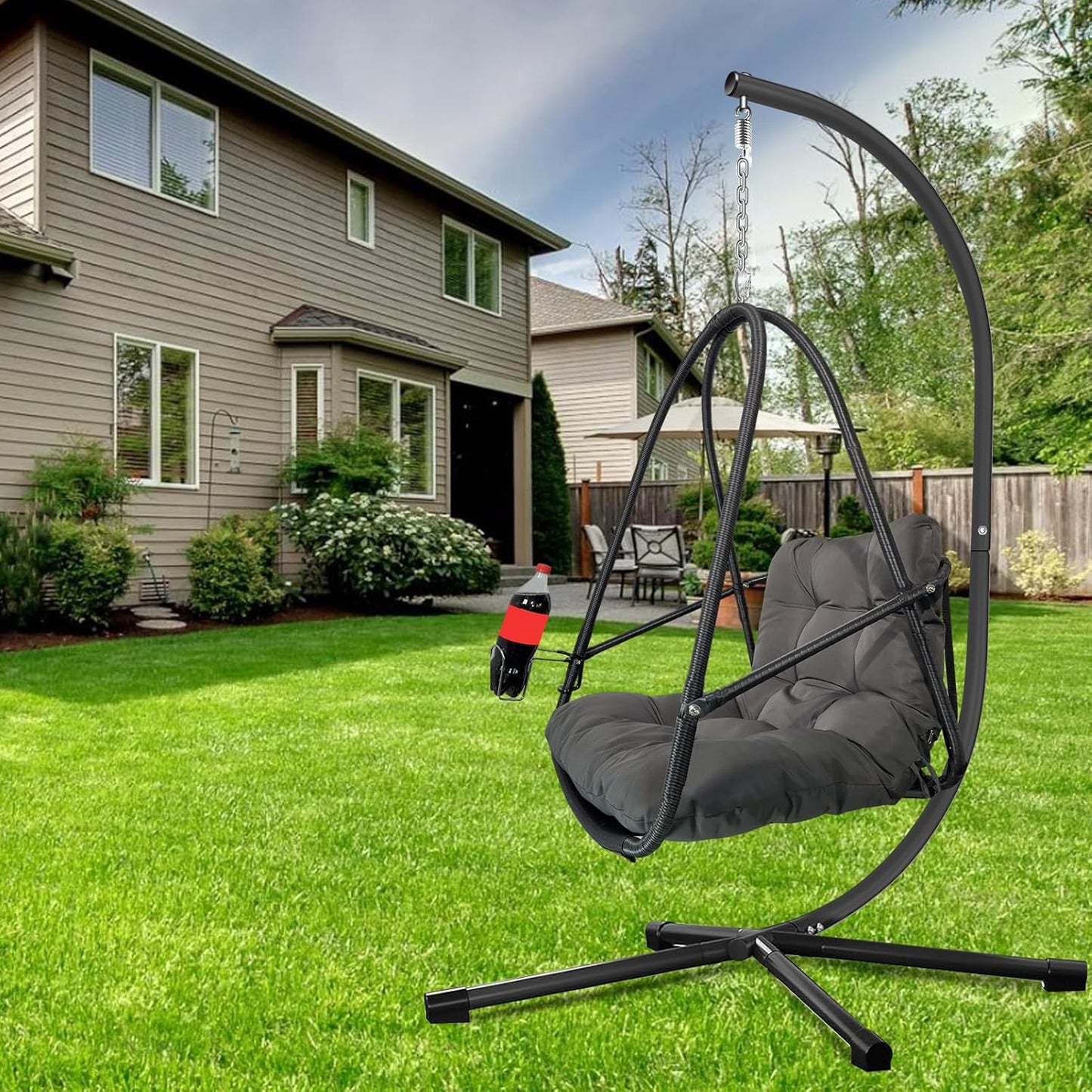 JESE Swing Egg Chair with Stand Foldable Frame Hanging Chairs for Indoor Outside,with UV Resistant Waterproof Cushion and Cup Holder,Swing Hammock Chairs for Patio,Bedroom,Balcony, Garden,350LBS,Black
