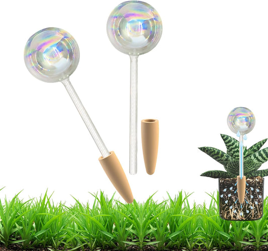 2 Pack Non-Clogging Iridescent Ball Plant Watering Globes with Terracotta Spikes, Hand Blown Glass Self Watering Planter Insert Plant Watering Devices Bulbs for Indoor and Outdoor Plants