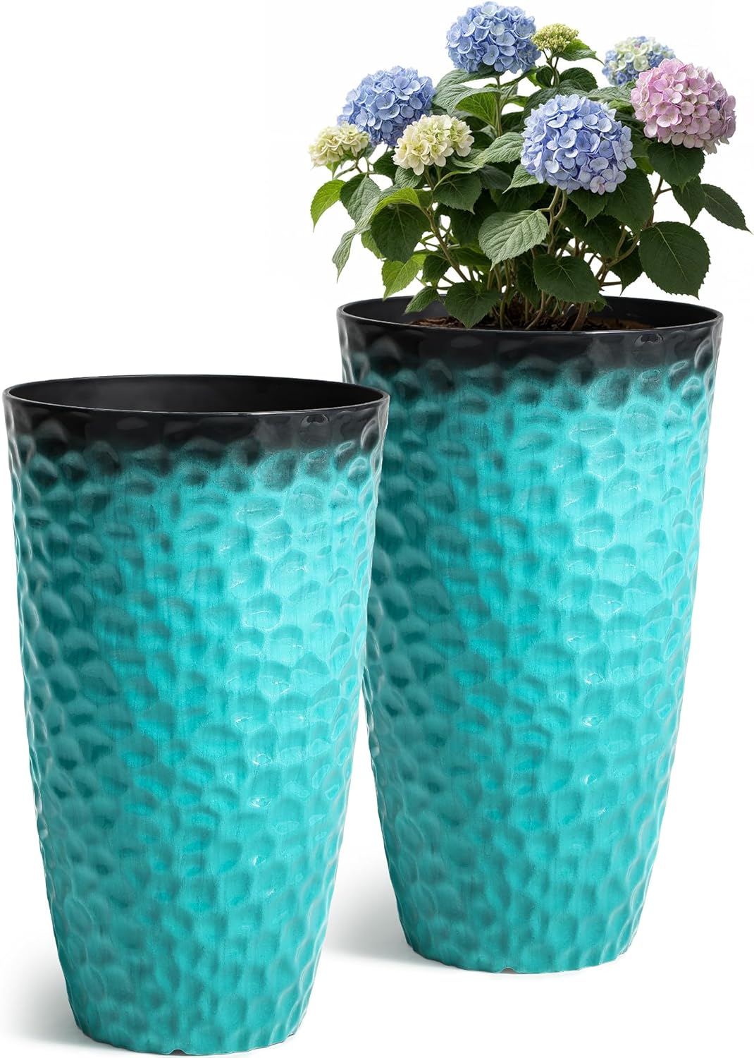 23.75" H Large Tall Outdoor Planters, Set of 2 Plastic Large Flower Pots for Outdoor Plants, with Turquoise Teal Honeycomb Texture, Weather-Resistant for Porch, Garden, Patio or Indoor Use