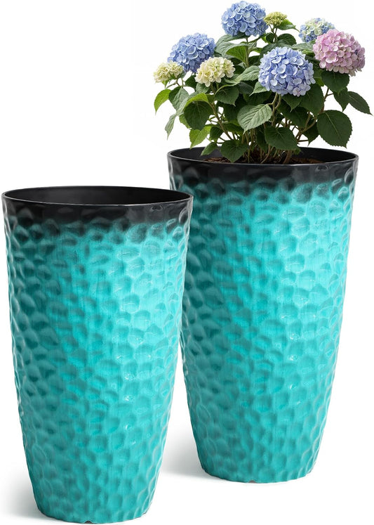 23.75" H Large Tall Outdoor Planters, Set of 2 Plastic Large Flower Pots for Outdoor Plants, with Turquoise Teal Honeycomb Texture, Weather-Resistant for Porch, Garden, Patio or Indoor Use