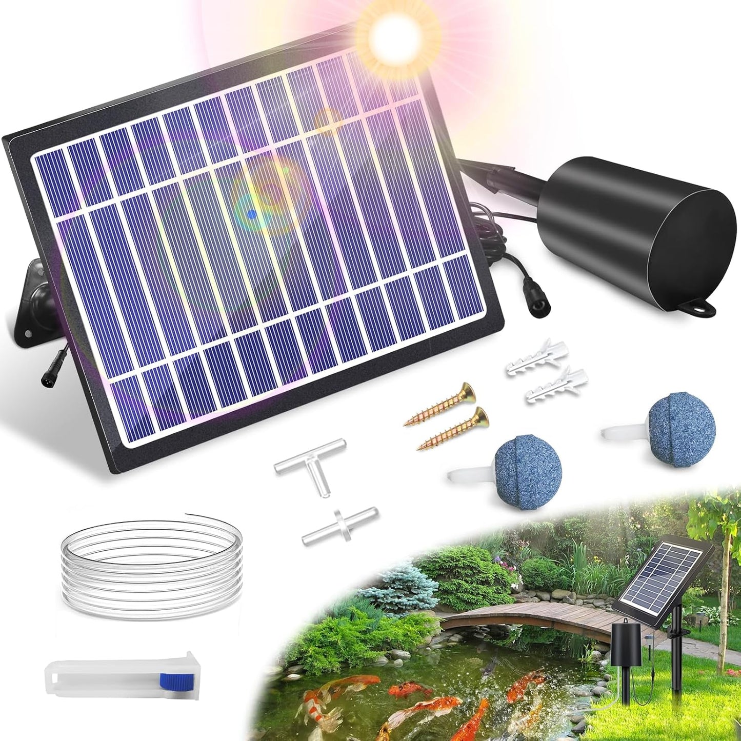 Solar Pond Aerator with Air Pump, 3 Modes(18H/36H/72H) Solar Aerator for Ponds Outdoor, 4W & 2200 mAh Solar Powered Air Pump with Bubble Regulator for Small Fish Pond, Stock Tank, Aquarium Hydroponics