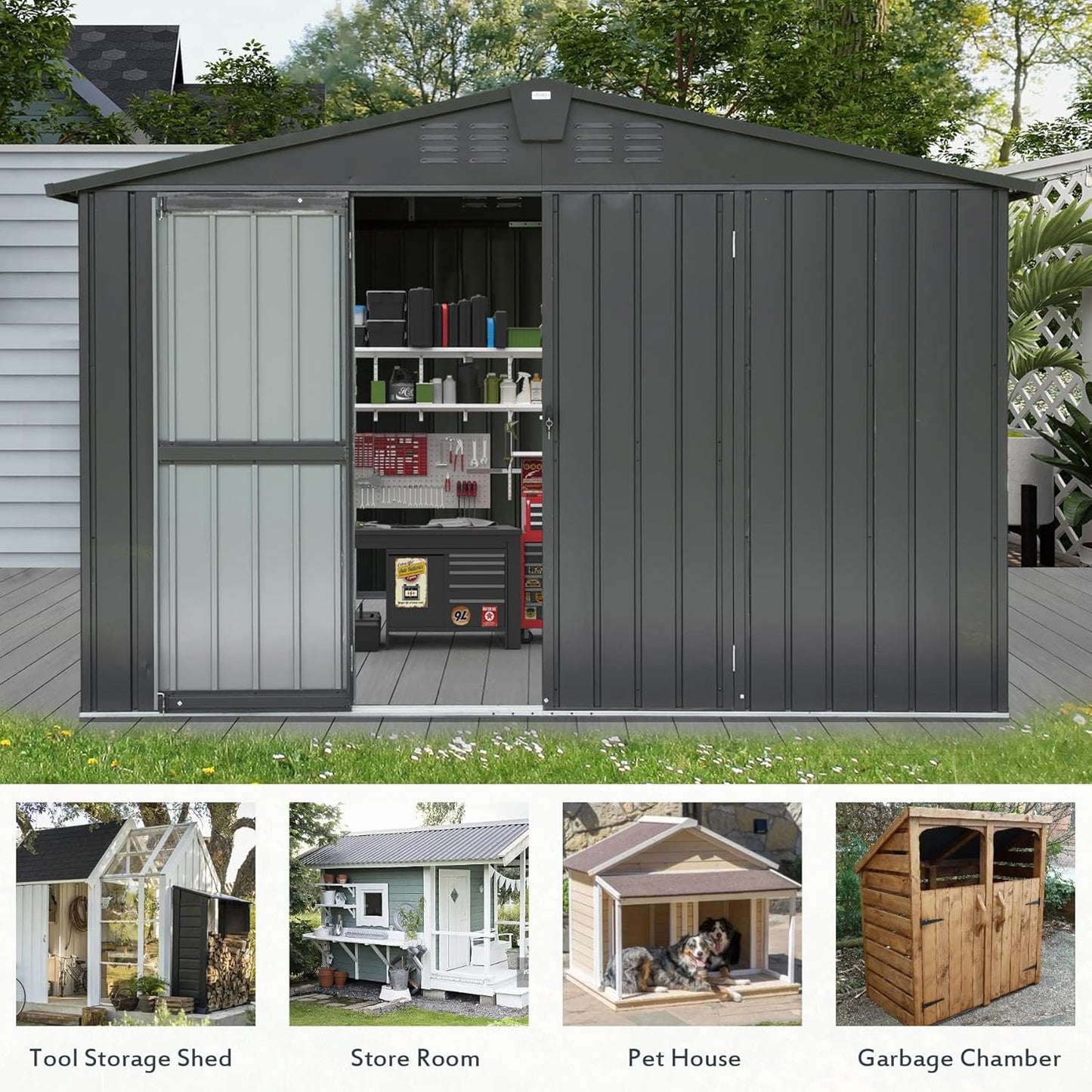 Domi Outdoor Storage Shed 10' x 8’, Metal Garden Shed with Galvanized Steel Frame for Bike, Tools, Lawn Mowers, Pool Toys, Outdoor Storage Cabinet with Lockable Door for Garden Lawn Patio (Dark Grey)
