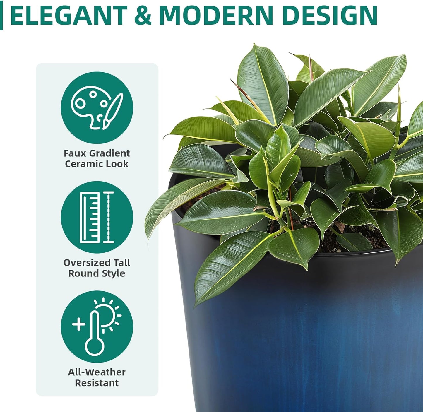 23.75" Round Tall Planters, 2-Pack Large Flower Pots for Indoor Outdoor Plants, UV-Protect PP Container for Garden Patio Yard Balcony Porch or Home Decor, Artistic Floating Cobalt Blue Glaze