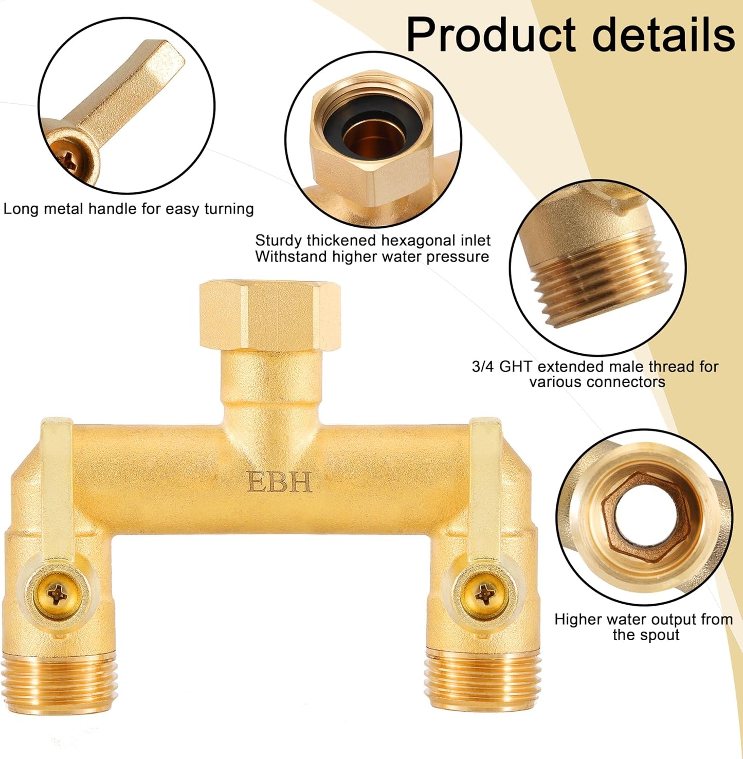 EBH Garden Hose Splitter, Full Flow Outdoor Faucet Splitter, 2-Way High Flow Brass Heavy Duty Hose Splitter with Long Metal Handle。