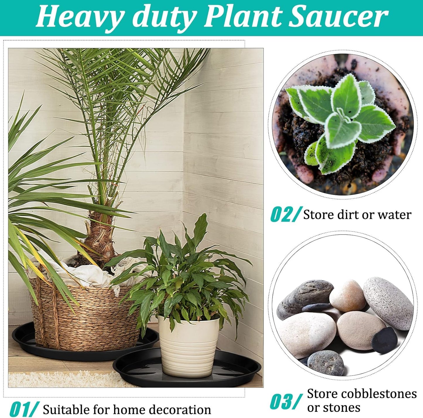 Eccliy 6 Pack Plastic Plant Saucer Heavy Duty Planter Saucers Large Plant Pot Saucers Plastic Water Trays for Indoors and Outdoors Flower Plant Plant Drip (Black,20 Inch)